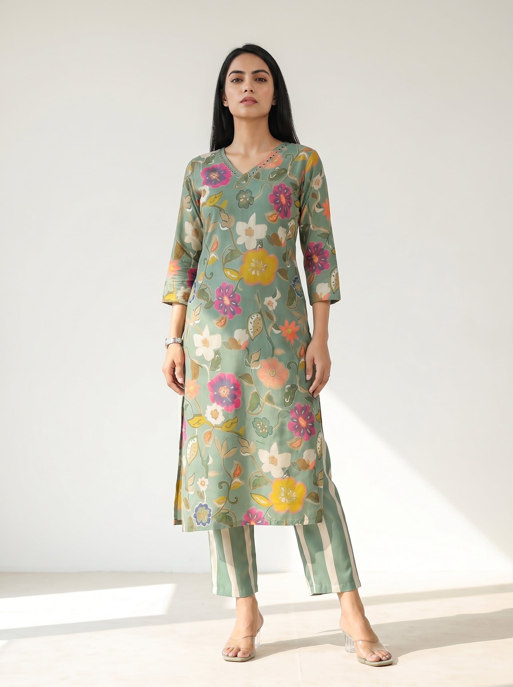 Sage Green Rayon Multi Colored Floral Print Kurti Co-Ord Set