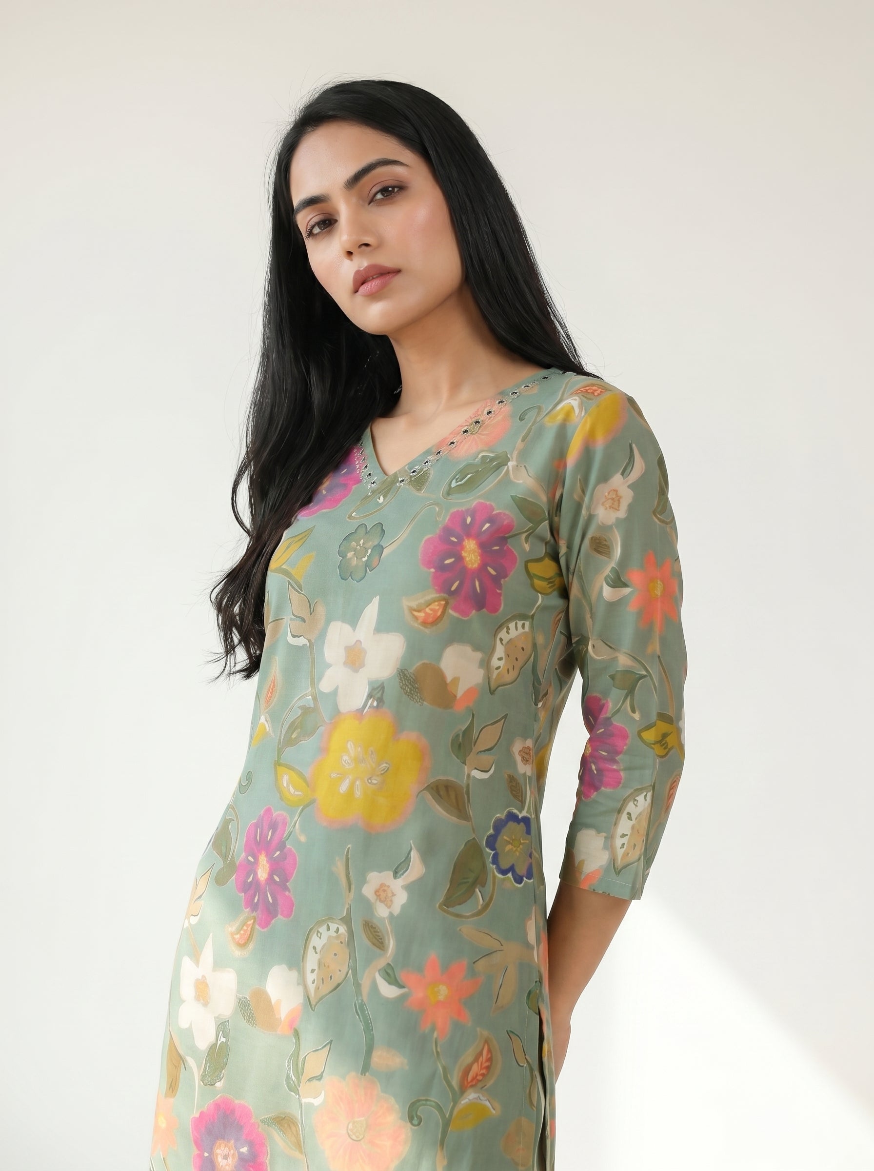 Sage Green Rayon Multi Colored Floral Print Kurti Co-Ord Set