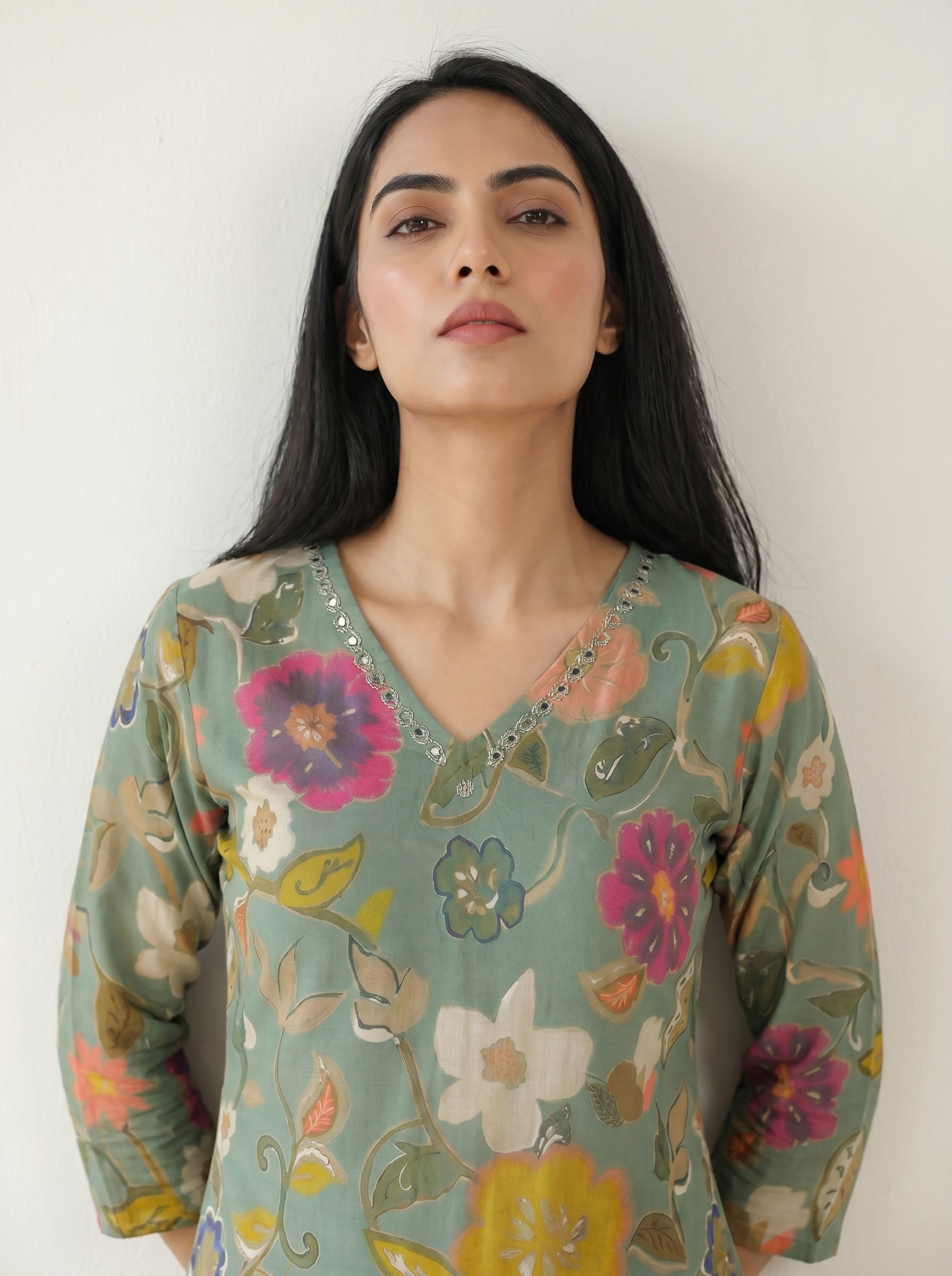 Sage Green Rayon Multi Colored Floral Print Kurti Co-Ord Set