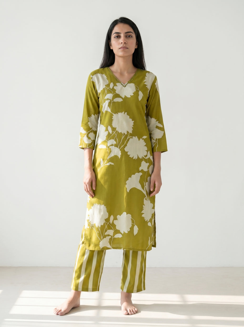 Mustard Yellow Rayon Floral Kurti Co Ord Set
