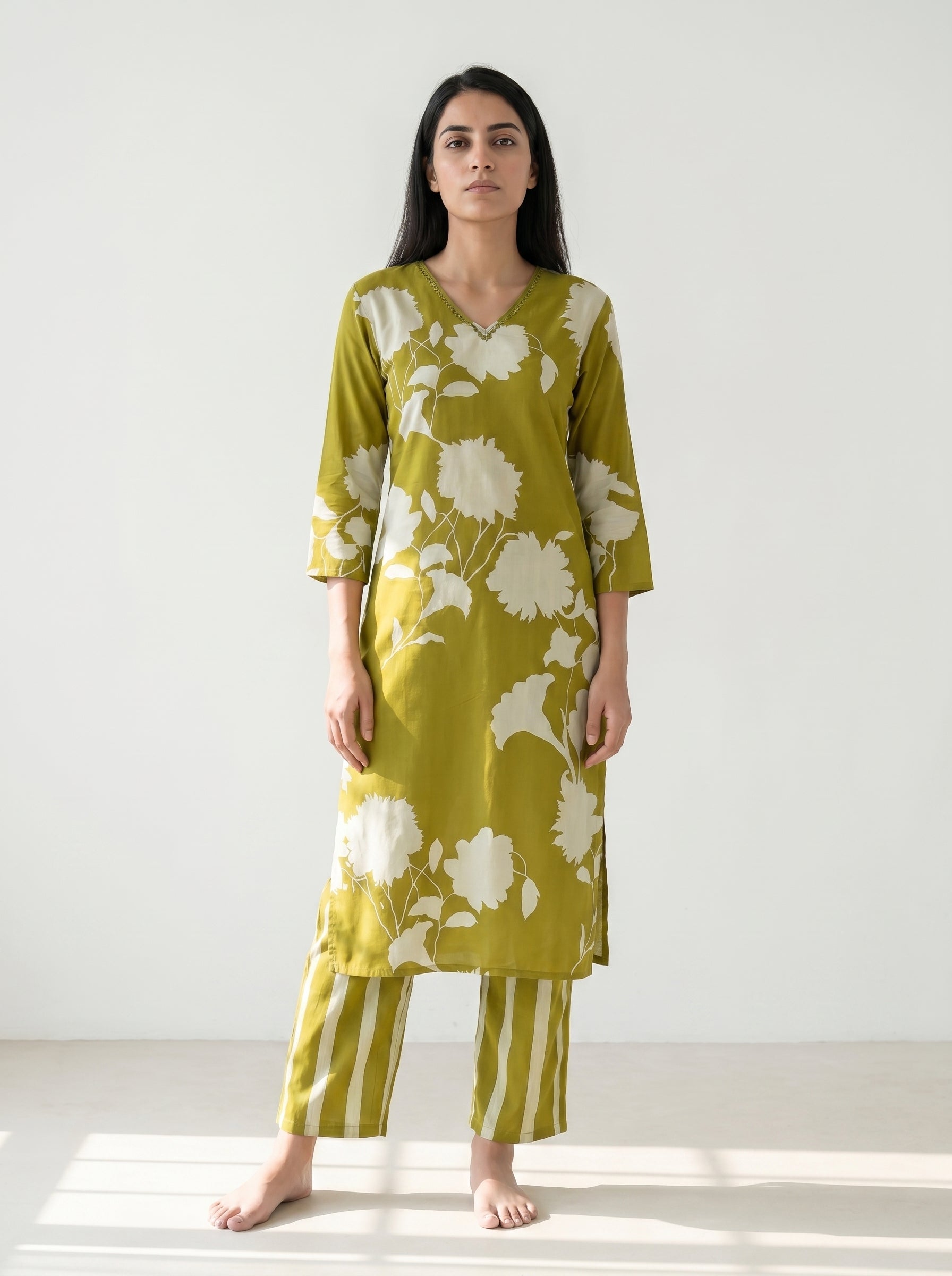 Mustard Yellow Rayon Floral Kurti Co Ord Set