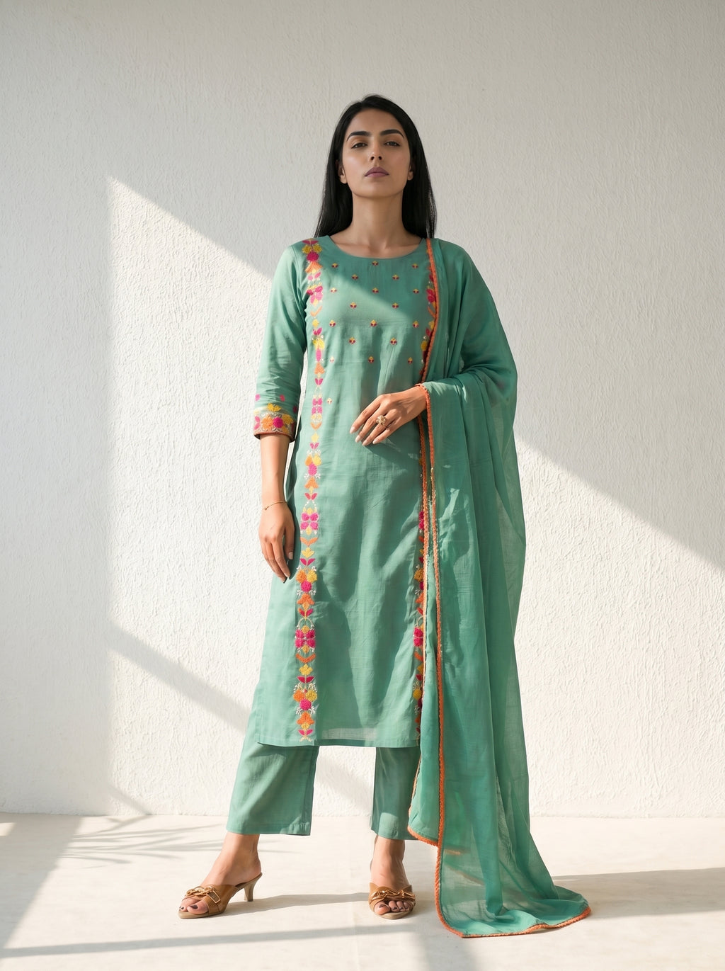 Teal Cotton Embroidered Kurti with Pant and Dupatta