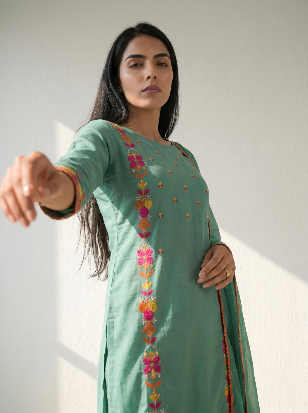 Teal Cotton Embroidered Kurti with Pant and Dupatta