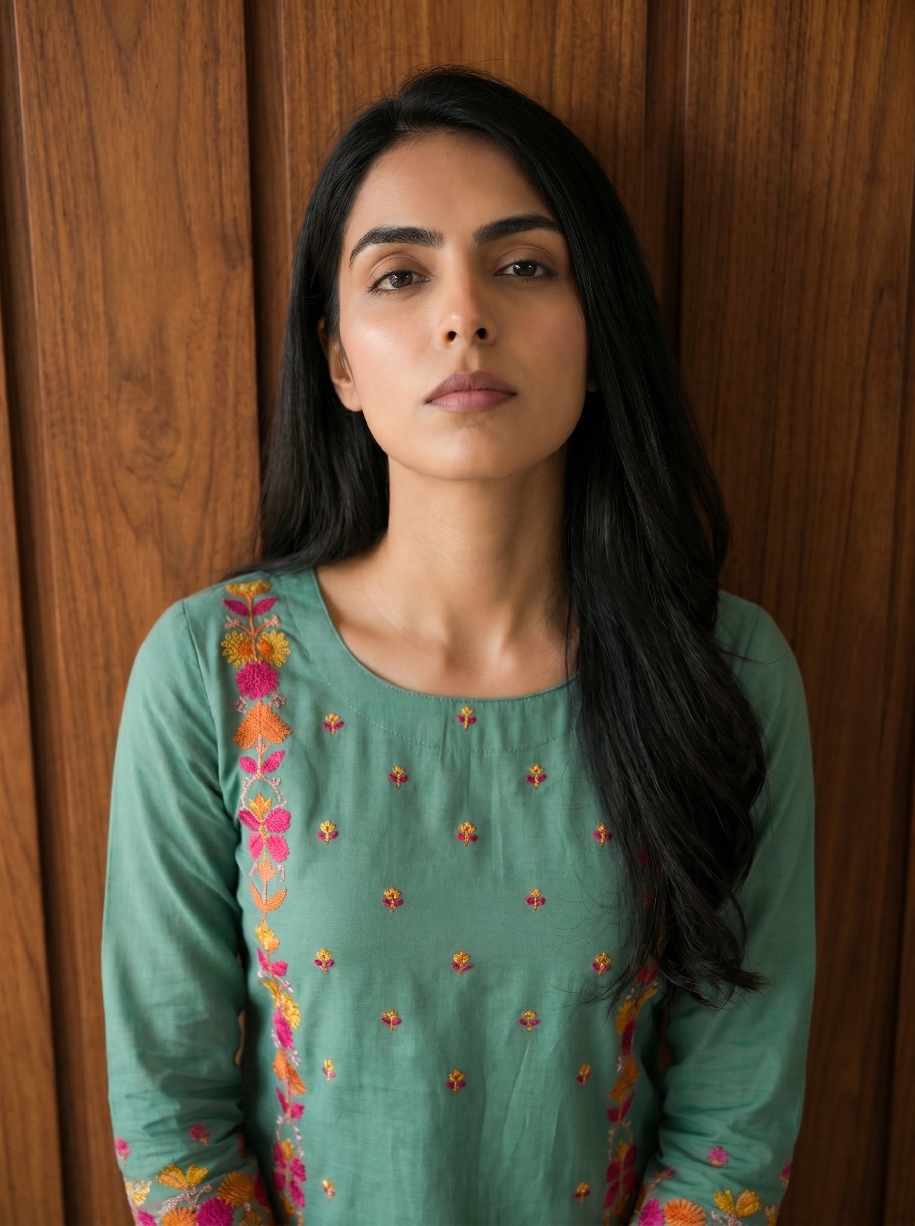 Teal Cotton Embroidered Kurti with Pant and Dupatta