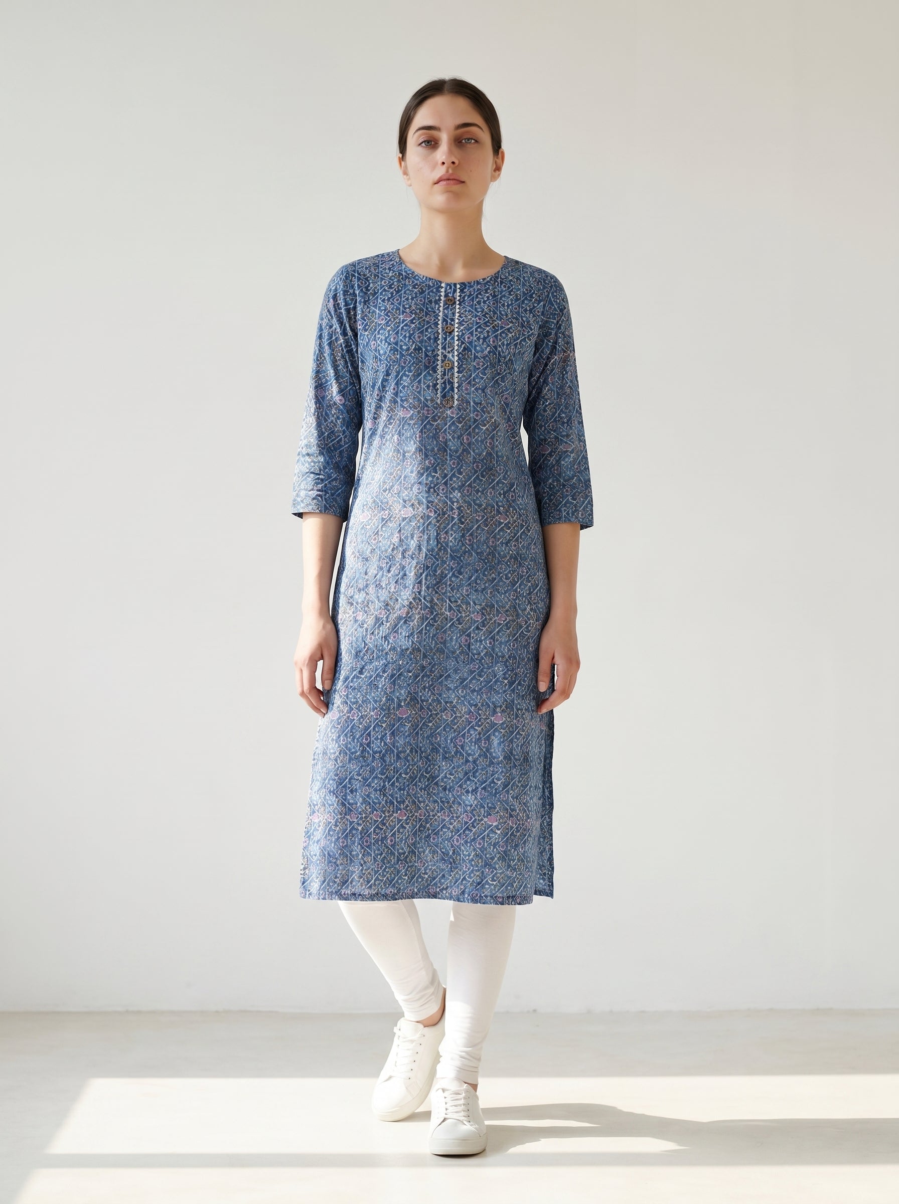 Blue Cotton Printed Kurti