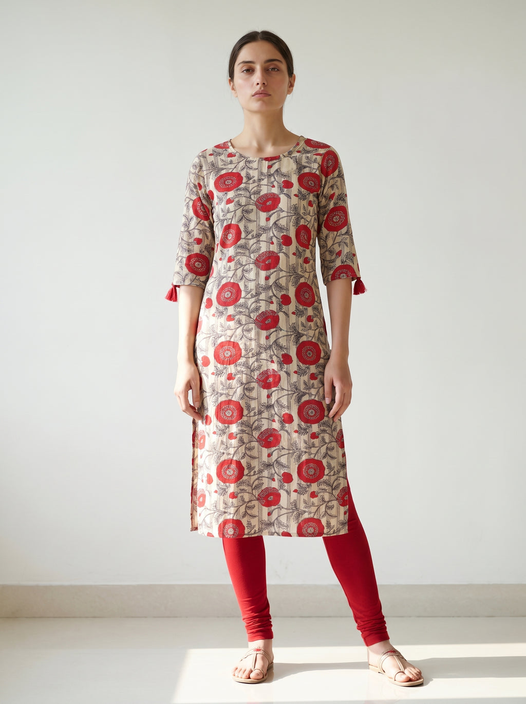 Cream Cotton Floral Printed Kurti