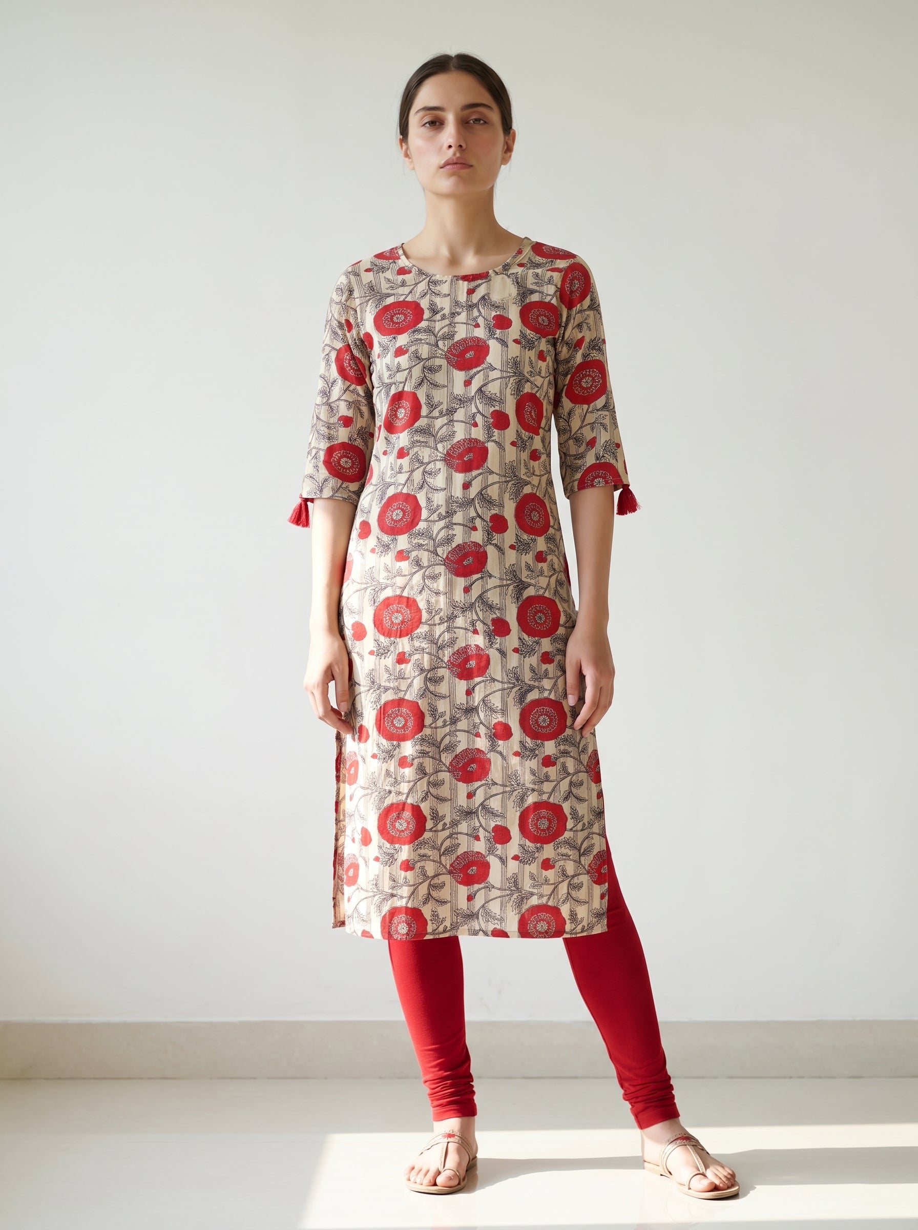 Cream Cotton Floral Printed Kurti
