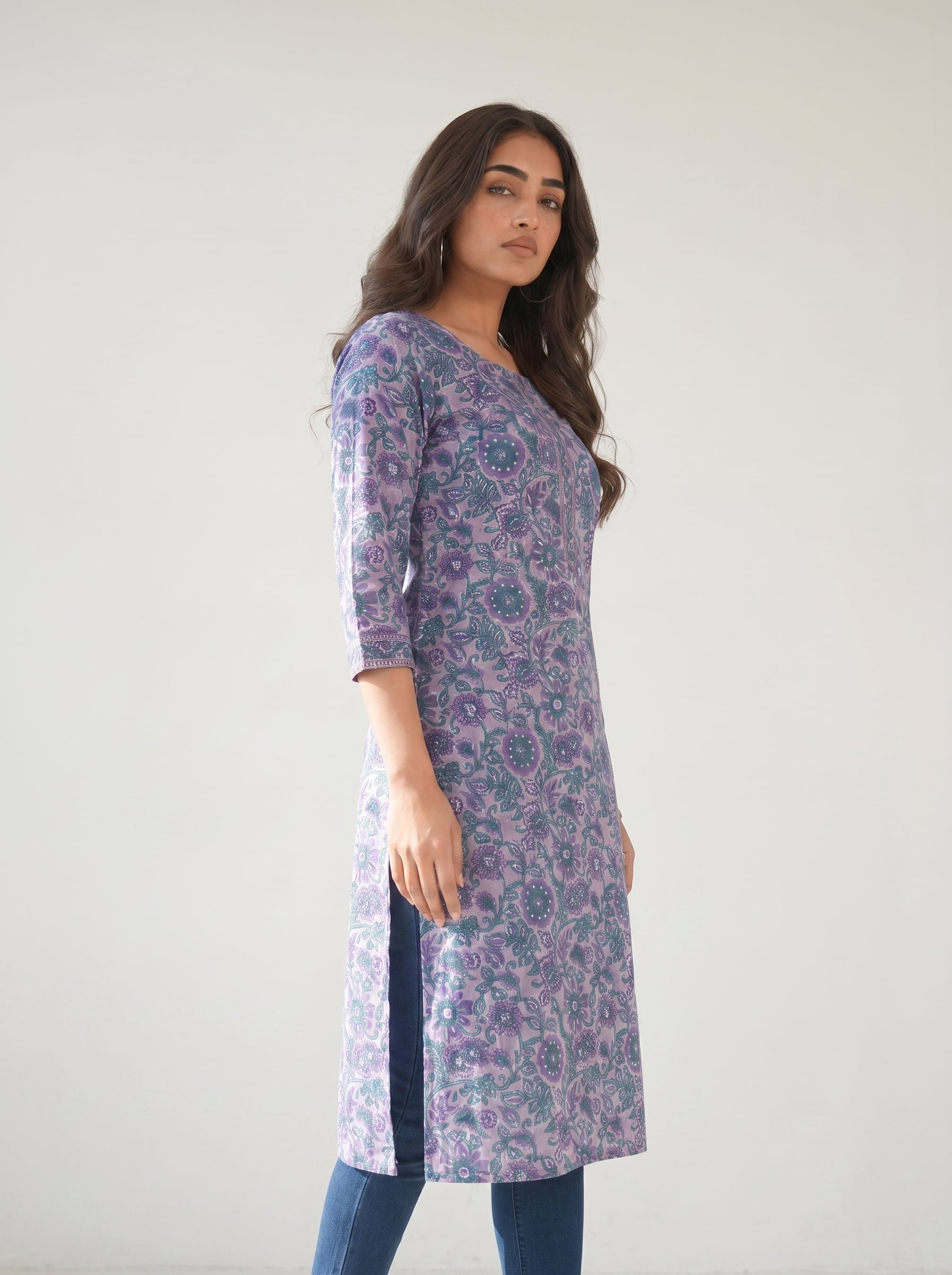 Light Purple Cotton Printed Kurti