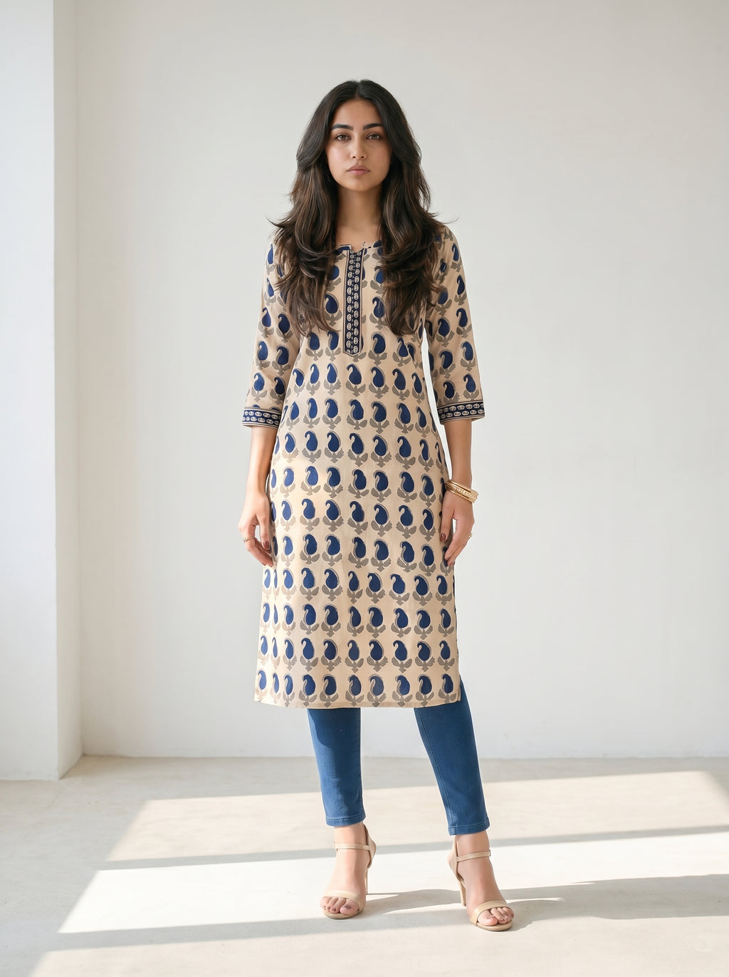 Cream Cotton Printed Kurti