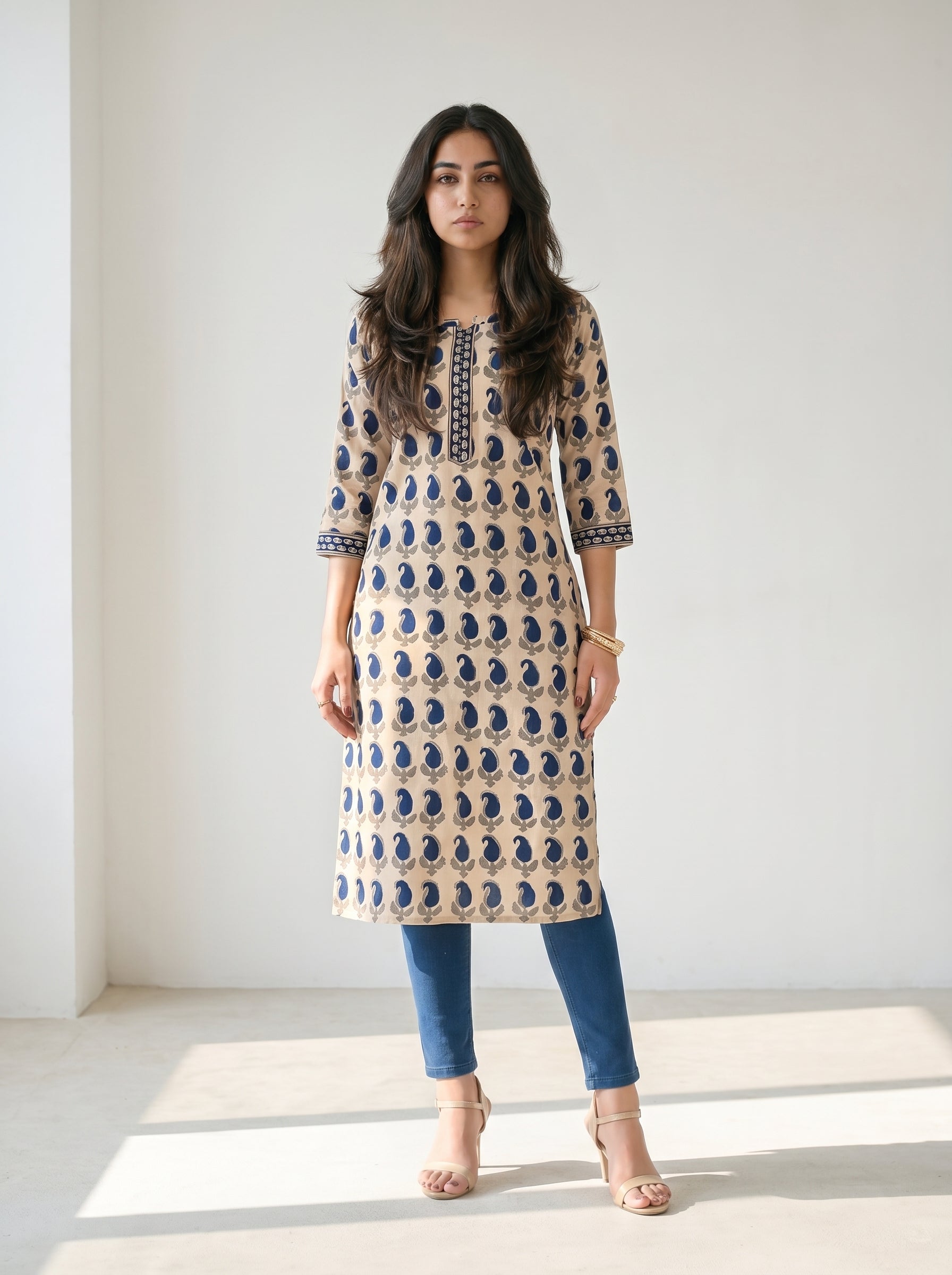 Cream Cotton Printed Kurti