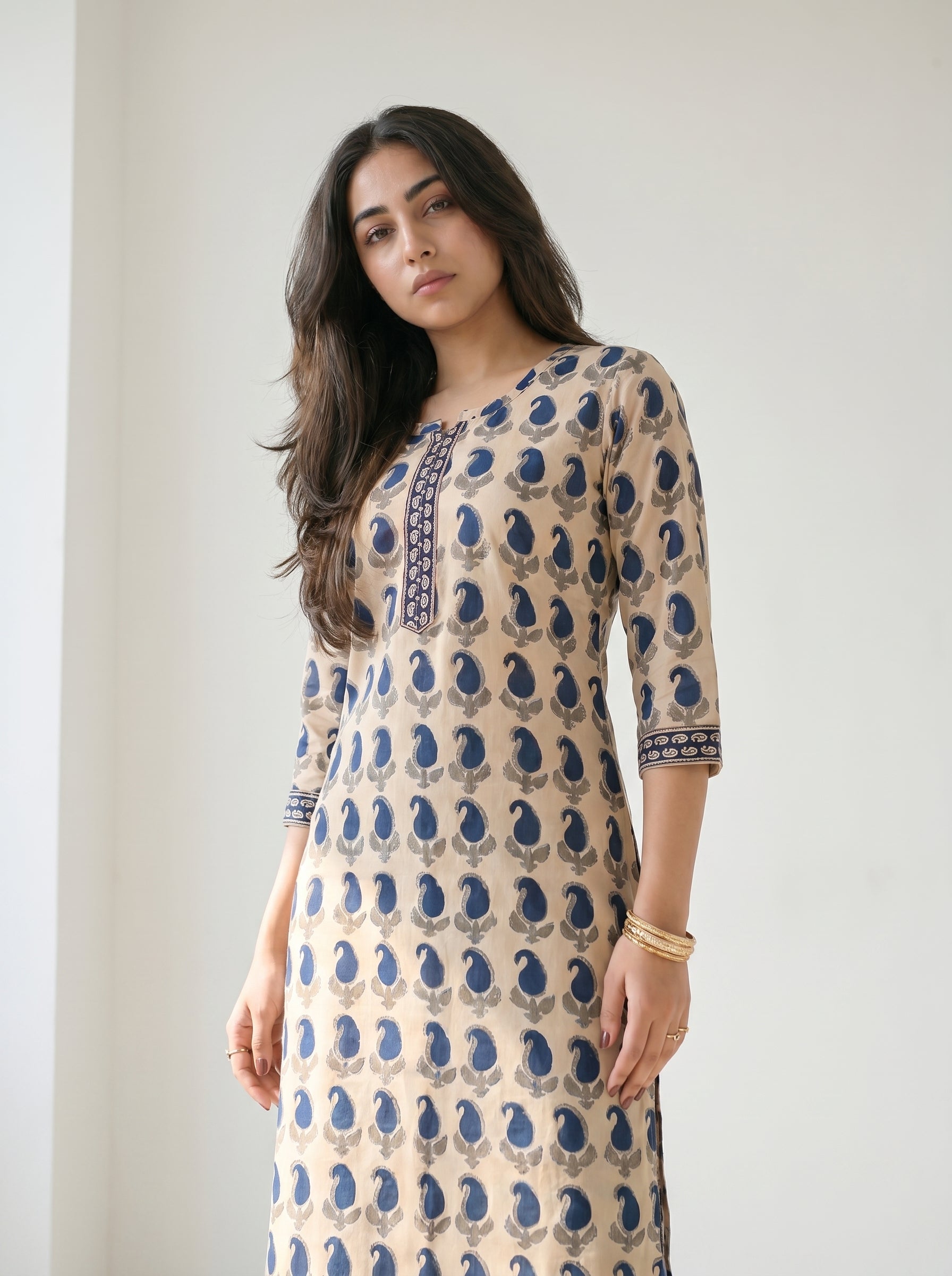 Cream Cotton Printed Kurti