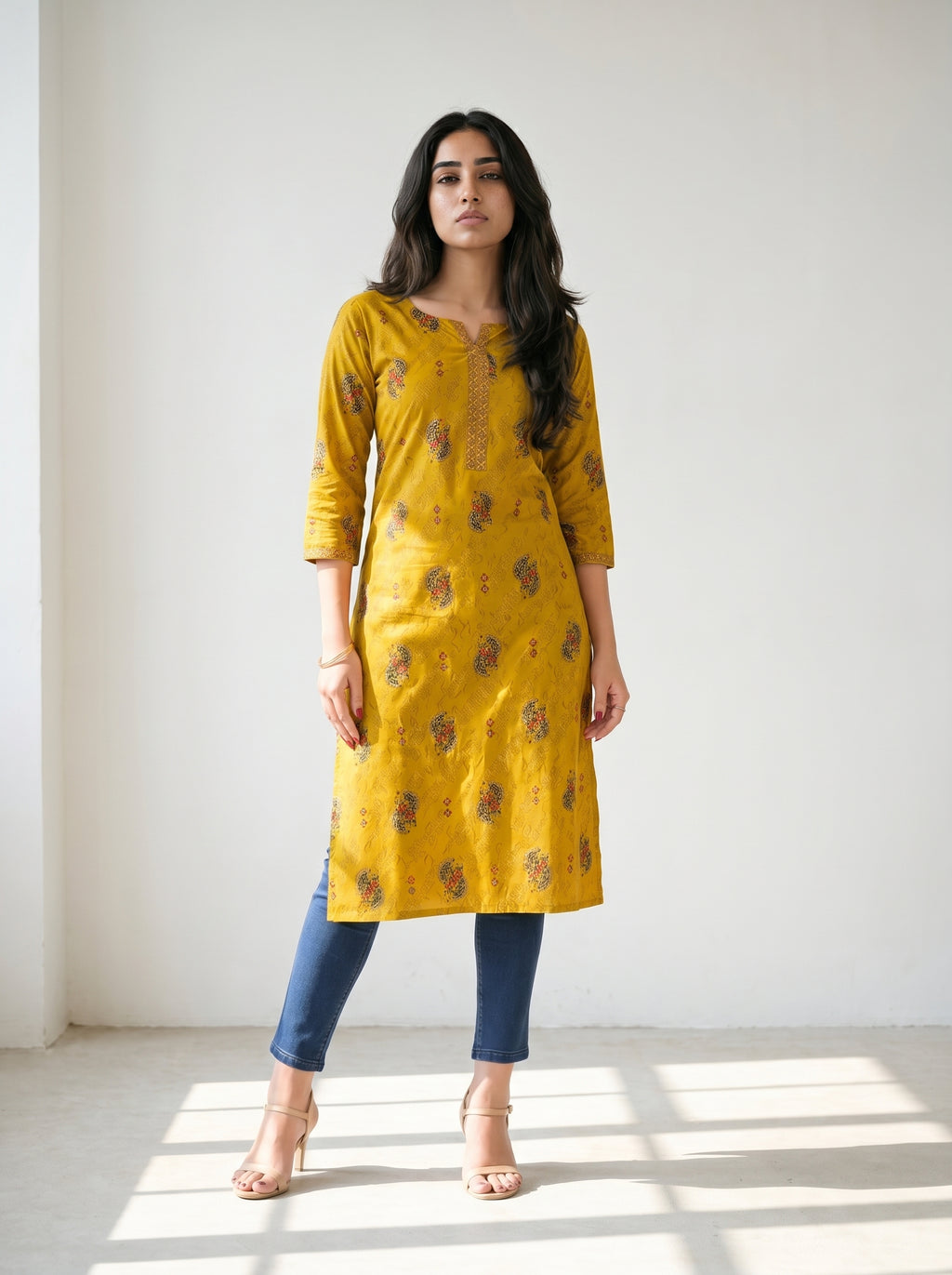 Yellow Cotton Printed Kurti
