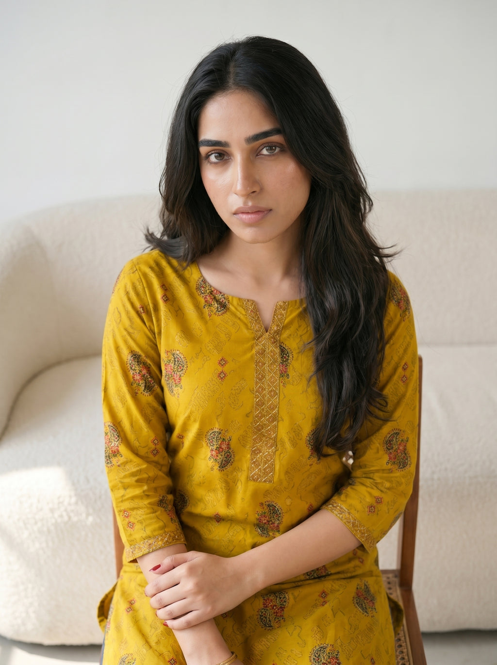 Yellow Cotton Printed Kurti