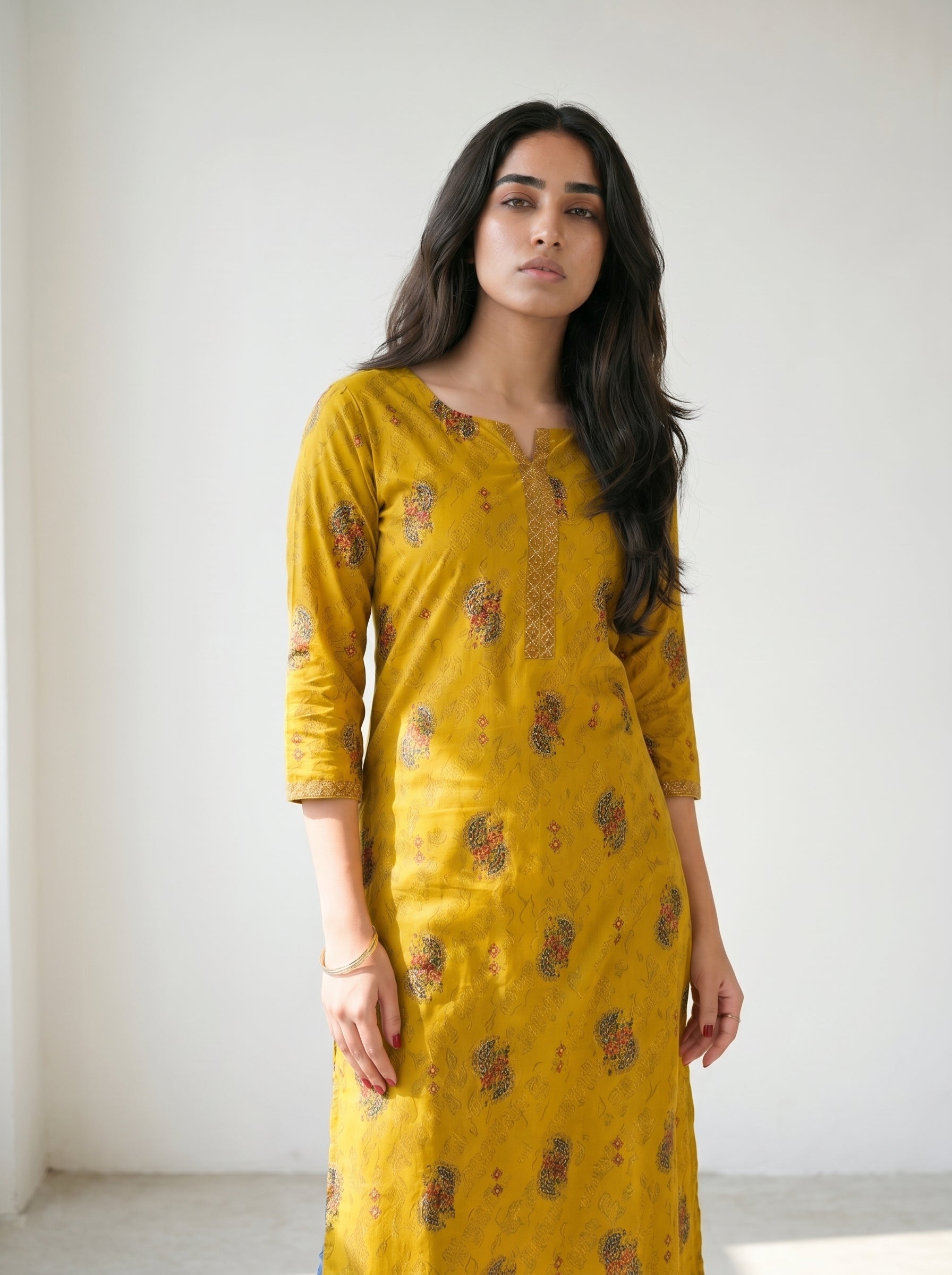 Yellow Cotton Printed Kurti