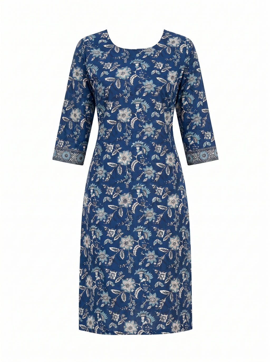 Navy Blue Cotton Floral Printed Kurti