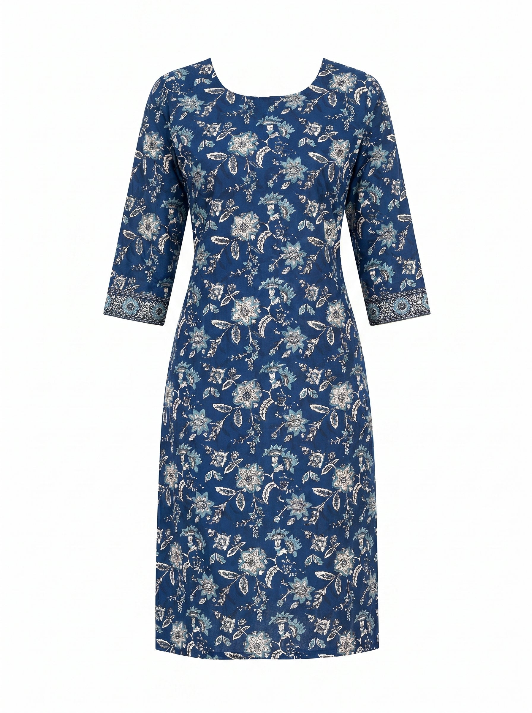 Navy Blue Cotton Floral Printed Kurti
