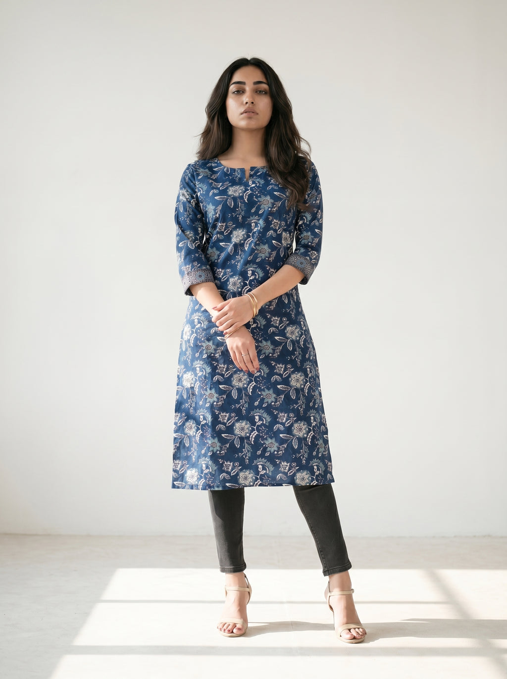 Navy Blue Cotton Floral Printed Kurti