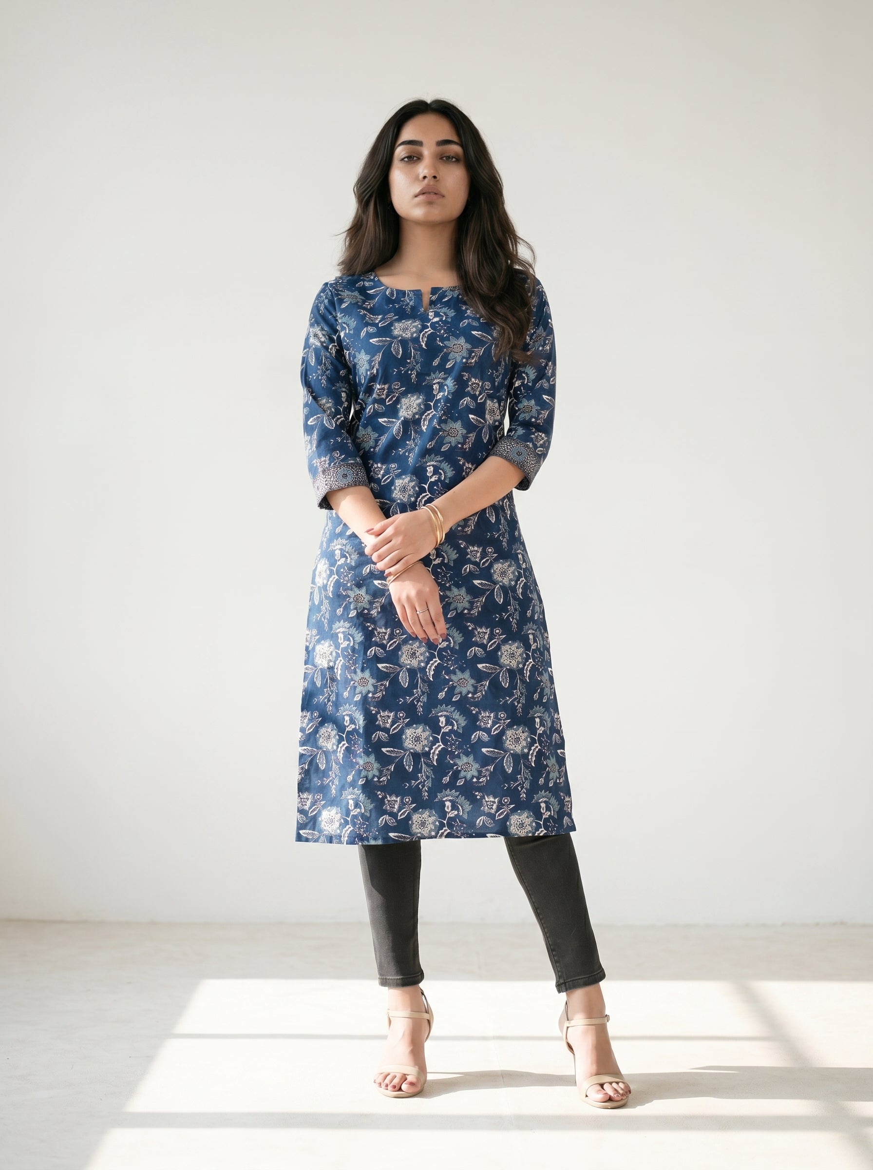 Navy Blue Cotton Floral Printed Kurti