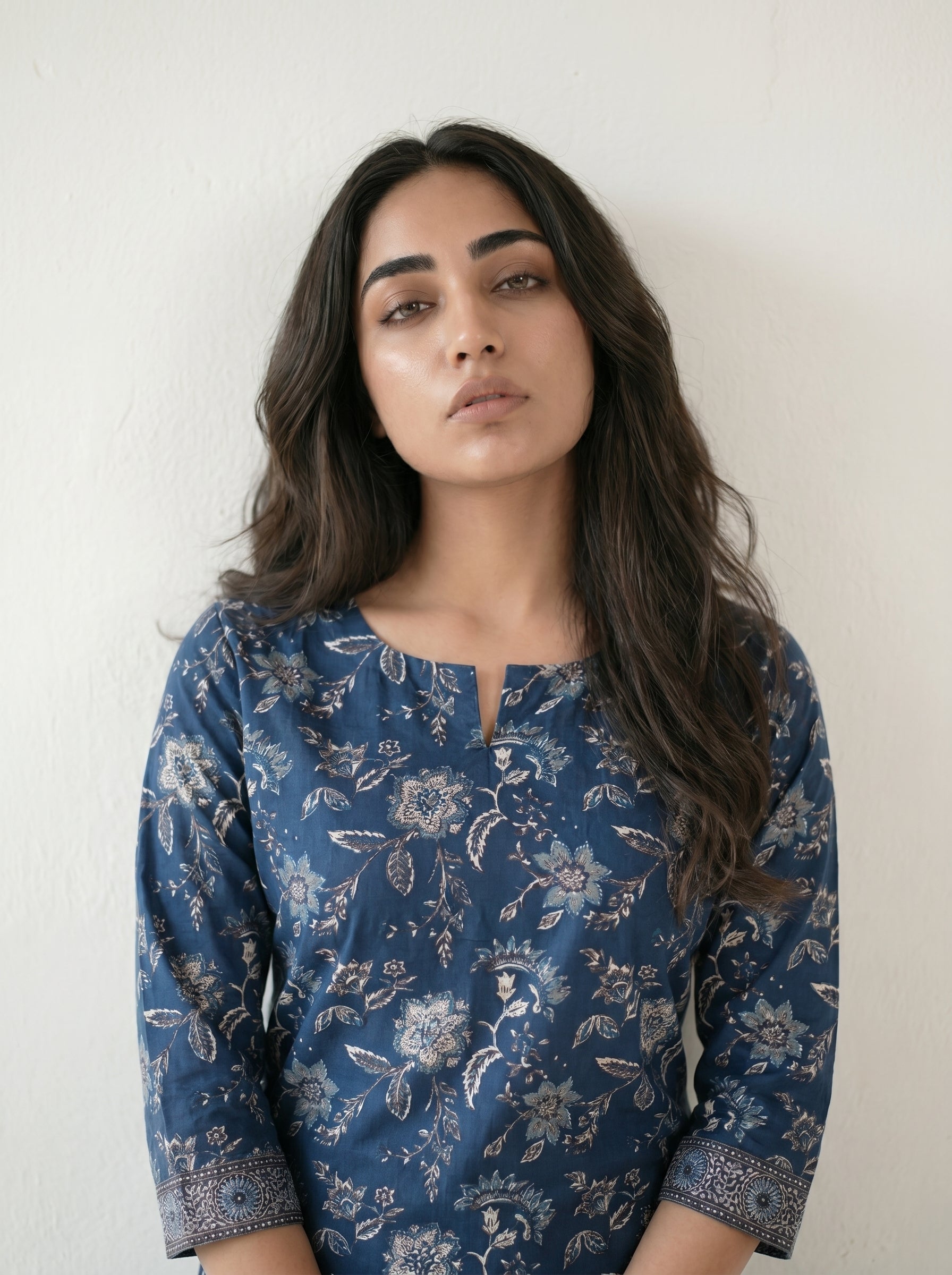 Navy Blue Cotton Floral Printed Kurti