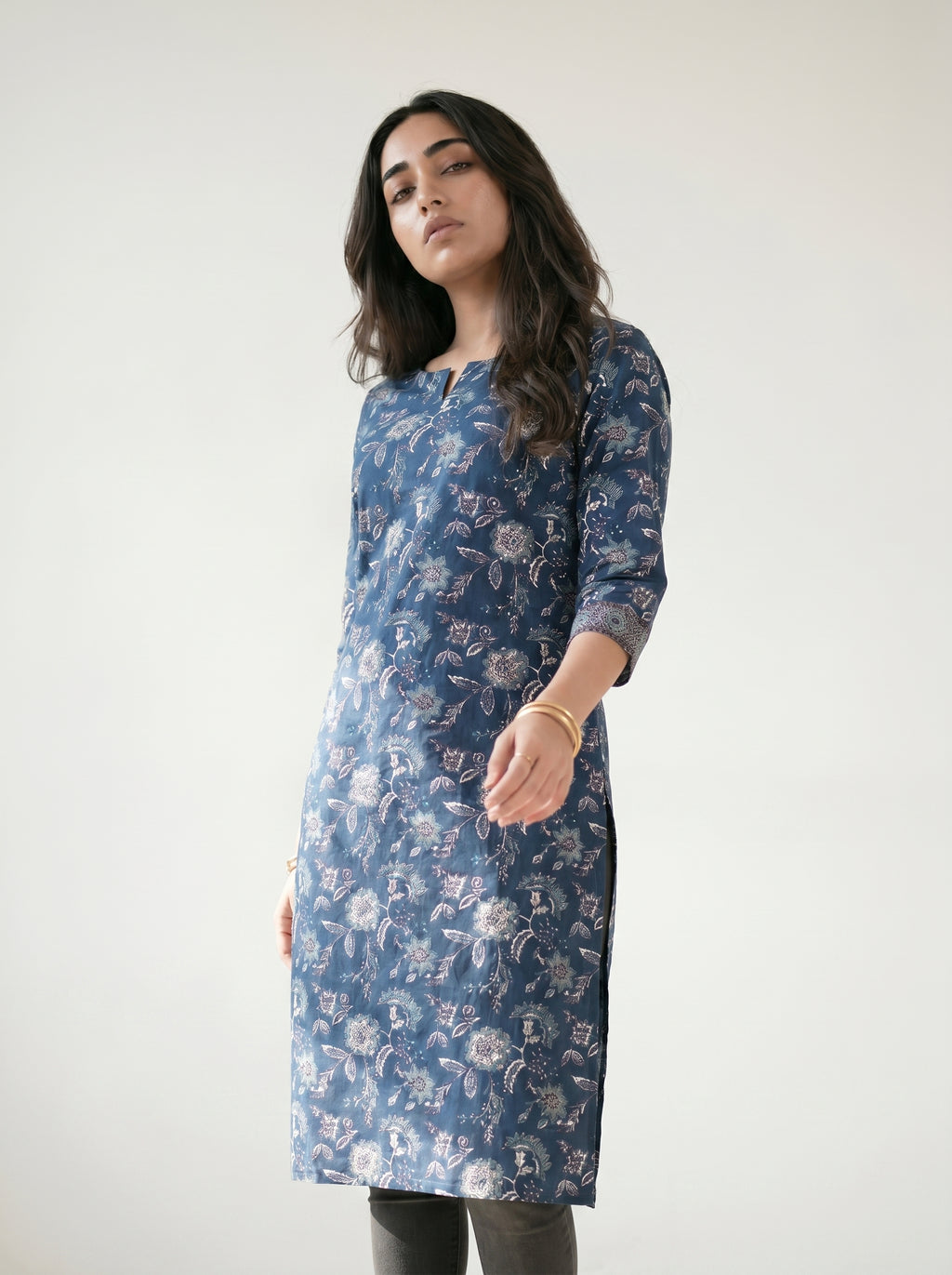 Navy Blue Cotton Floral Printed Kurti