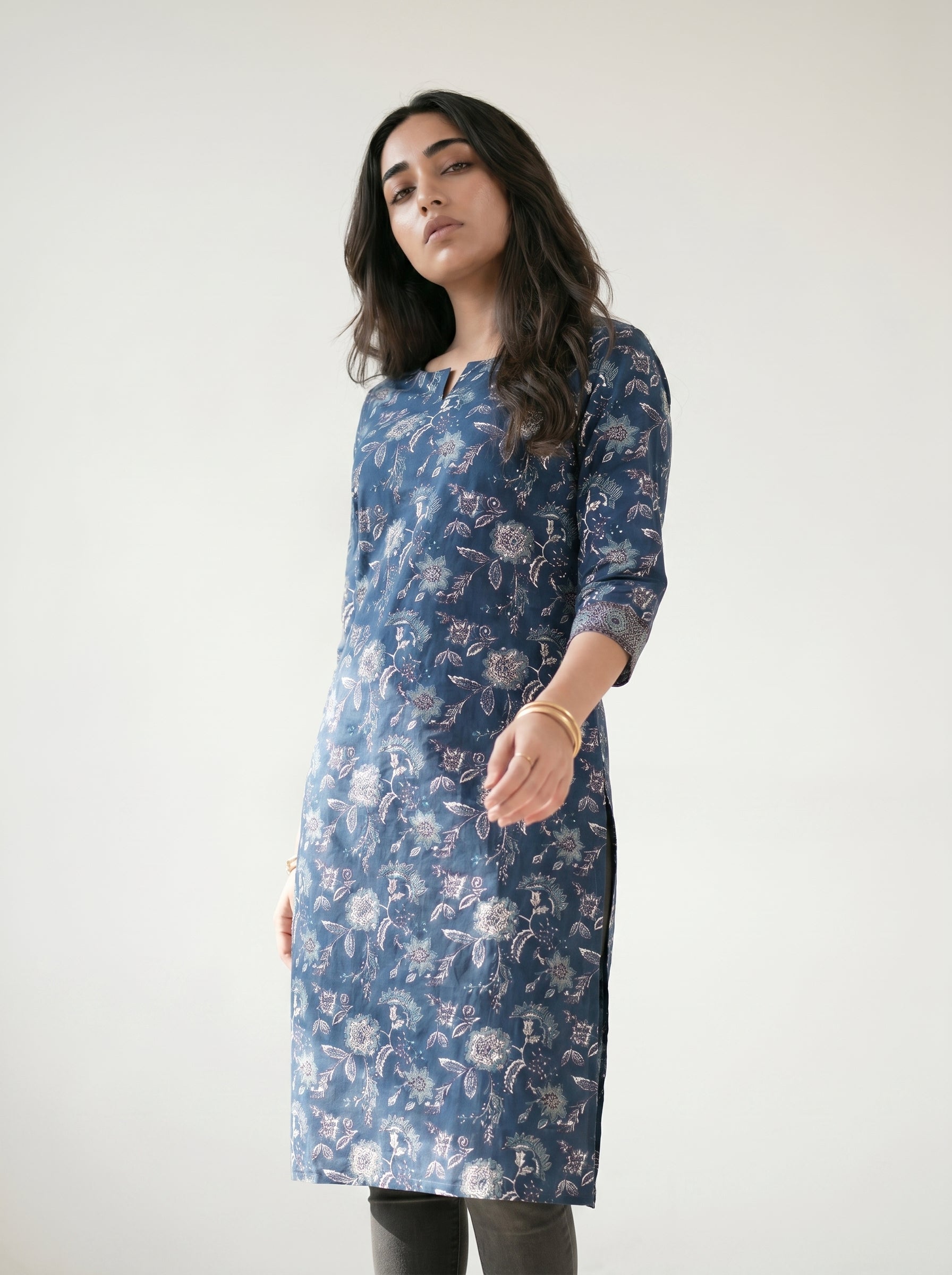 Navy Blue Cotton Floral Printed Kurti