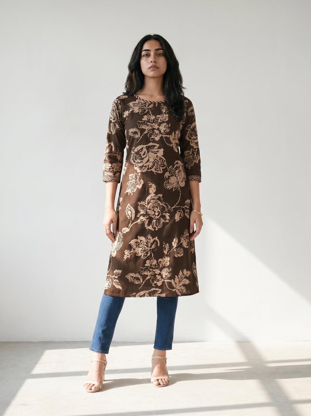 Dark Brown Cotton Floral Printed Kurti