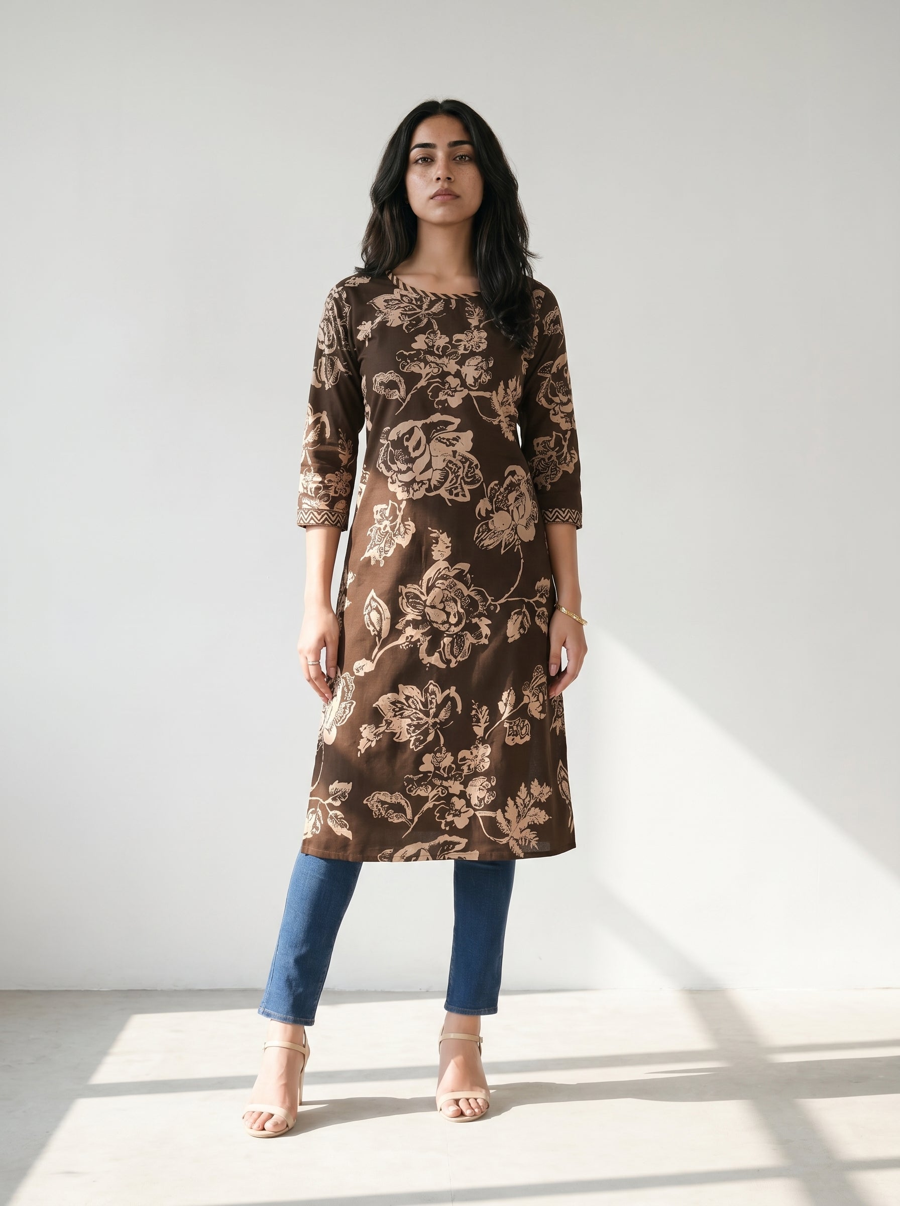 Dark Brown Cotton Floral Printed Kurti