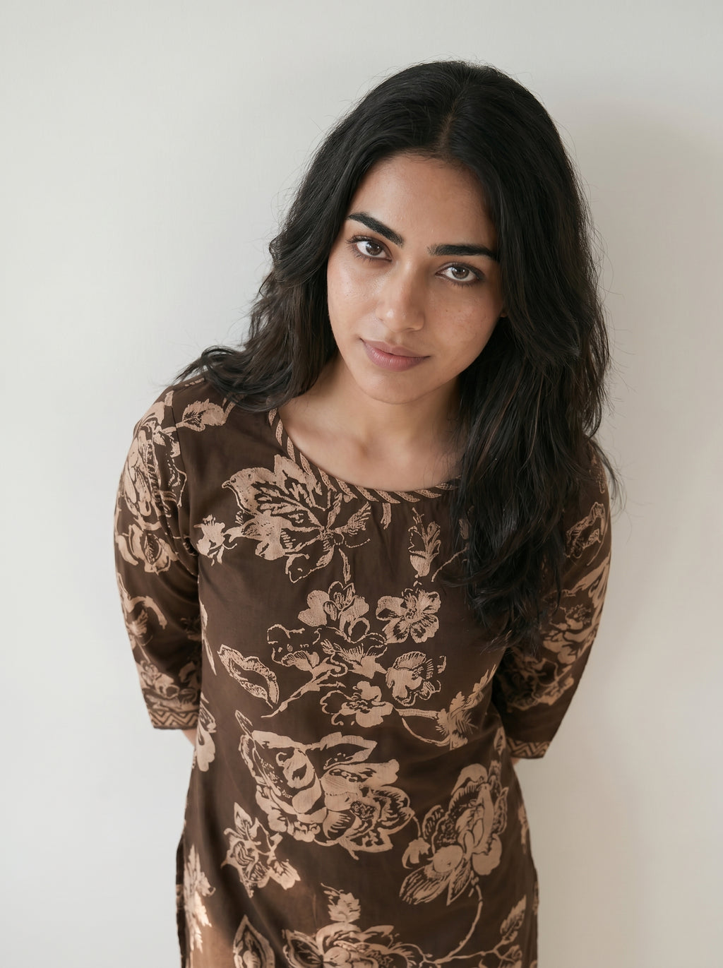 Dark Brown Cotton Floral Printed Kurti