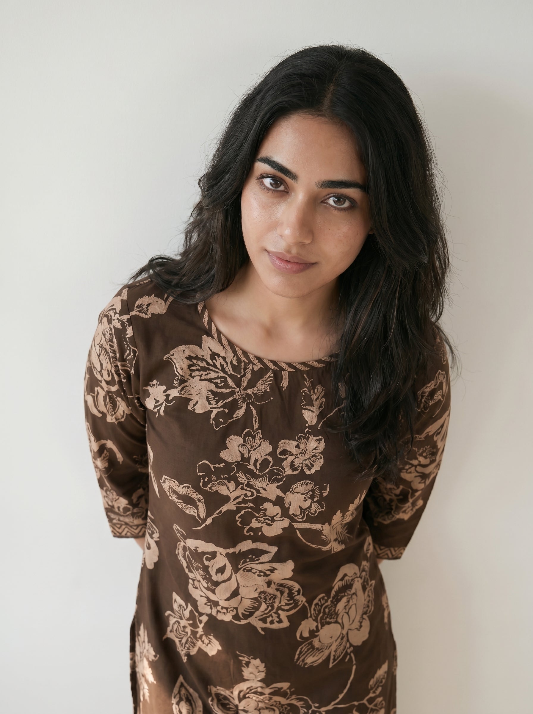 Dark Brown Cotton Floral Printed Kurti
