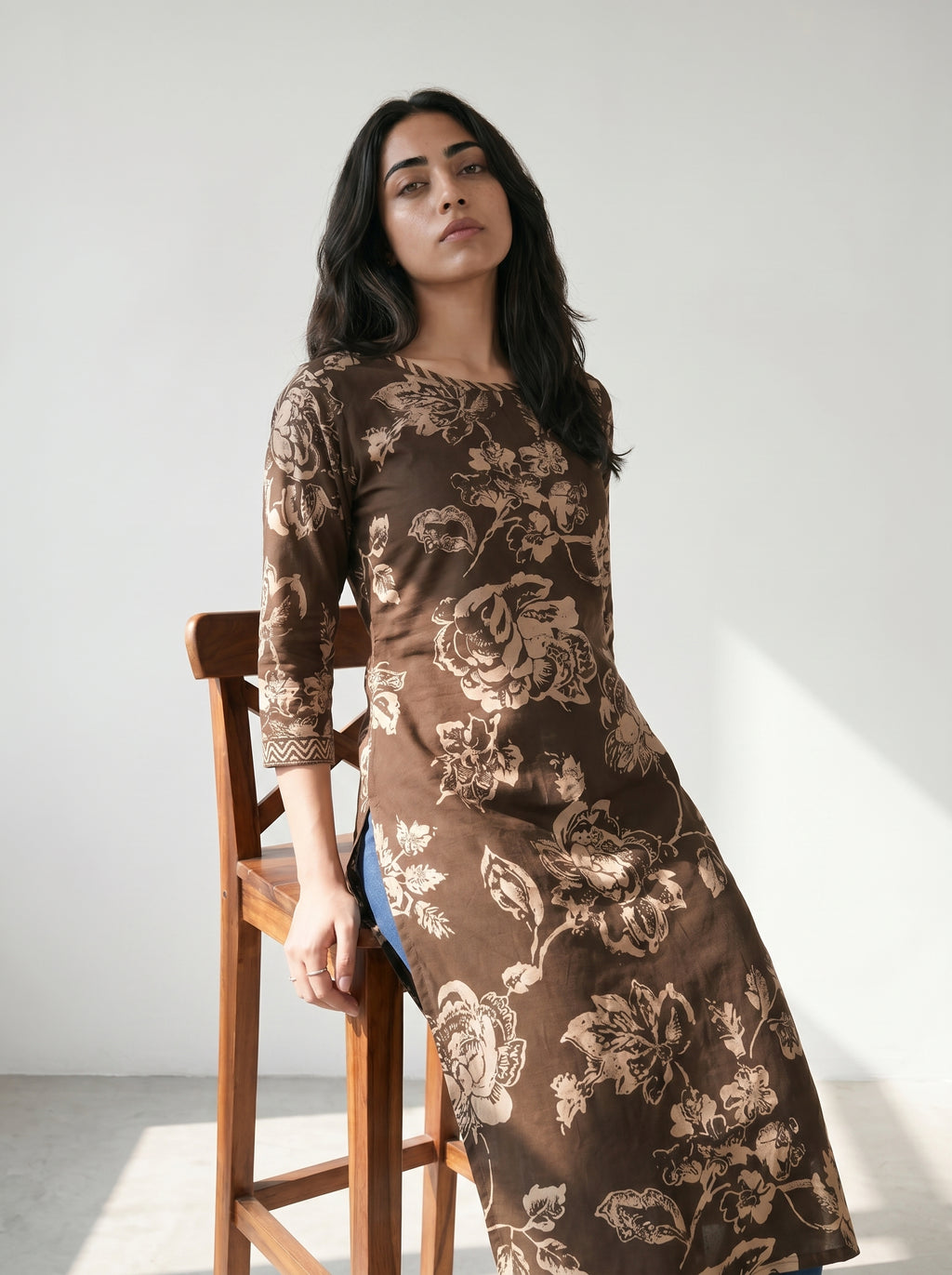 Dark Brown Cotton Floral Printed Kurti