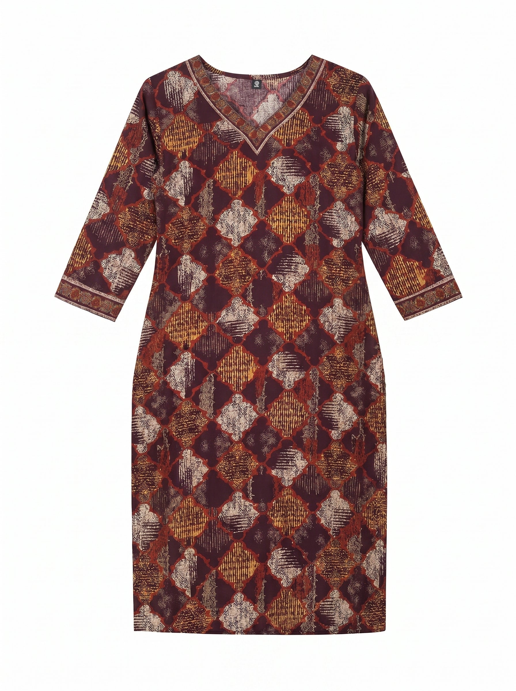 Burgundy Maroon Cotton Geometric Printed Kurti