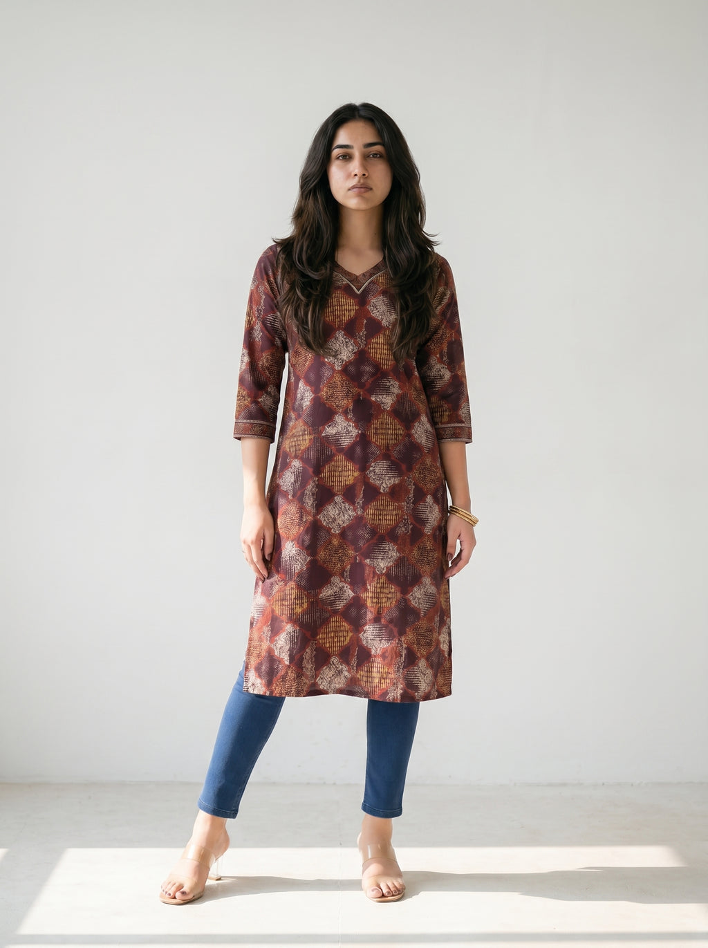 Burgundy Maroon Cotton Geometric Printed Kurti