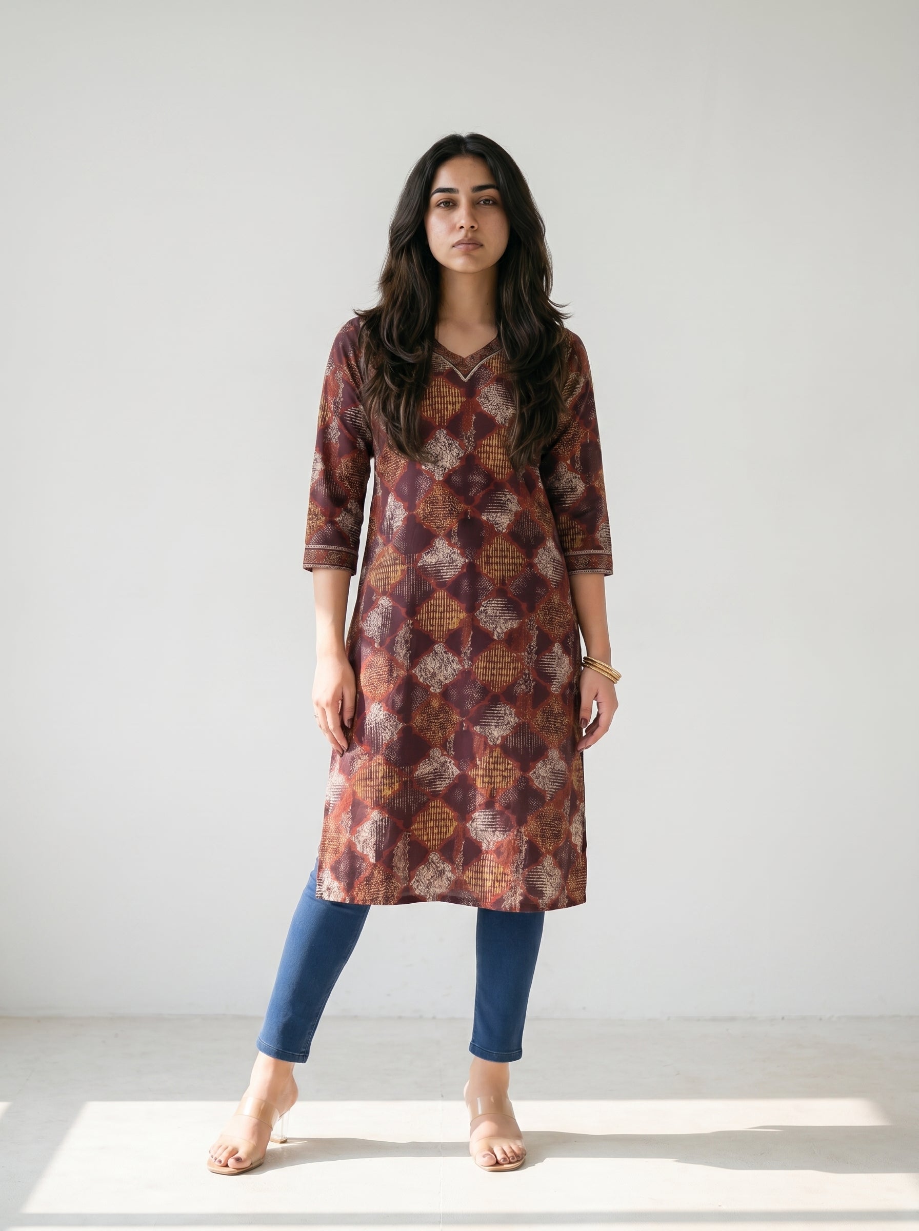 Burgundy Maroon Cotton Geometric Printed Kurti