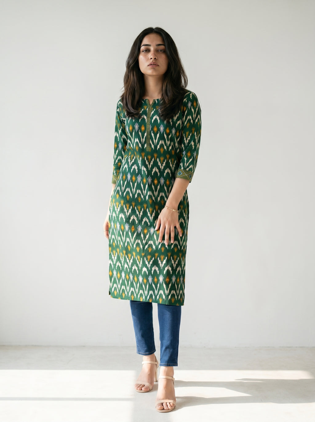 Forest Green Cotton Ikat Printed Kurti