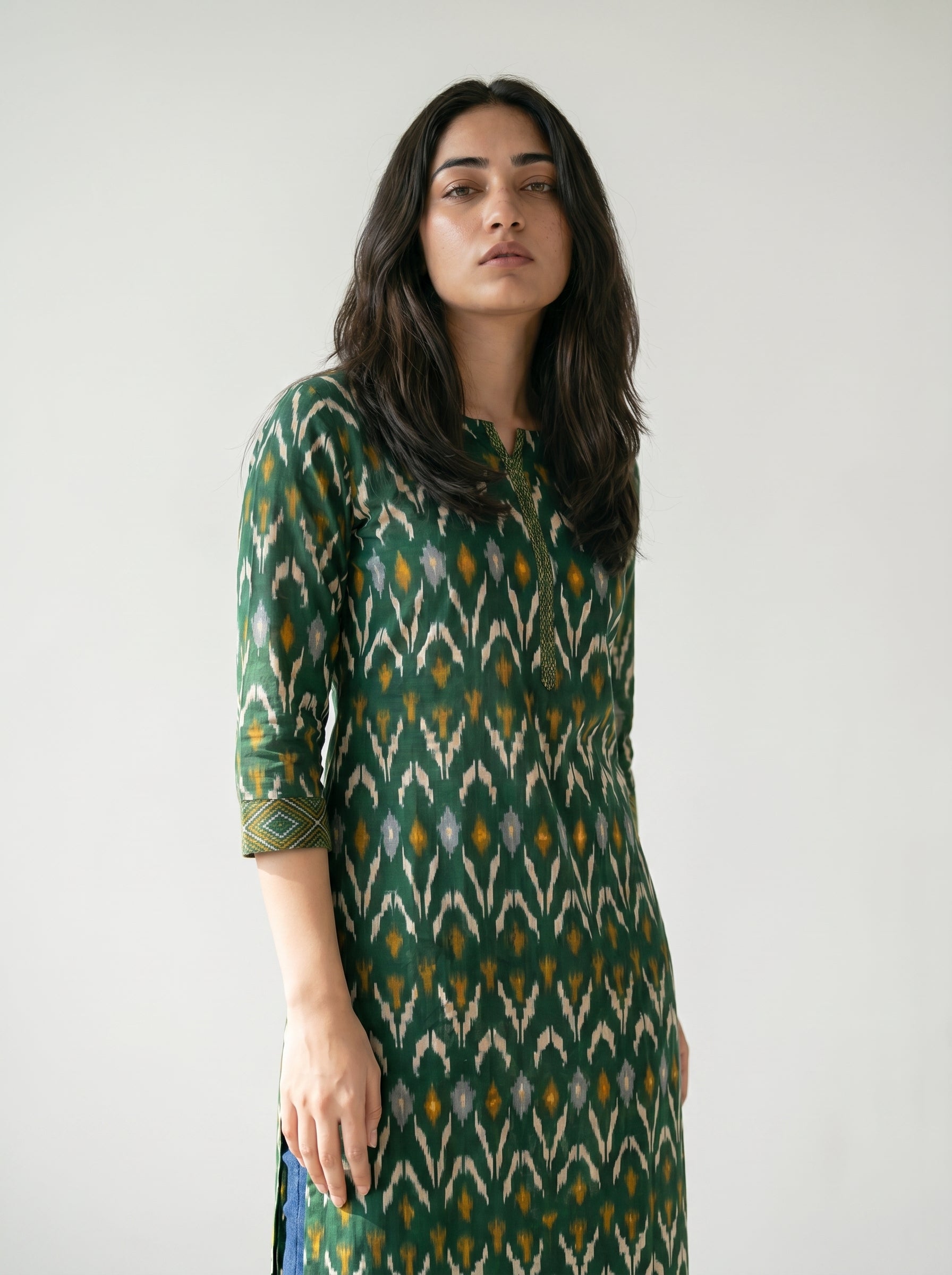 Forest Green Cotton Ikat Printed Kurti