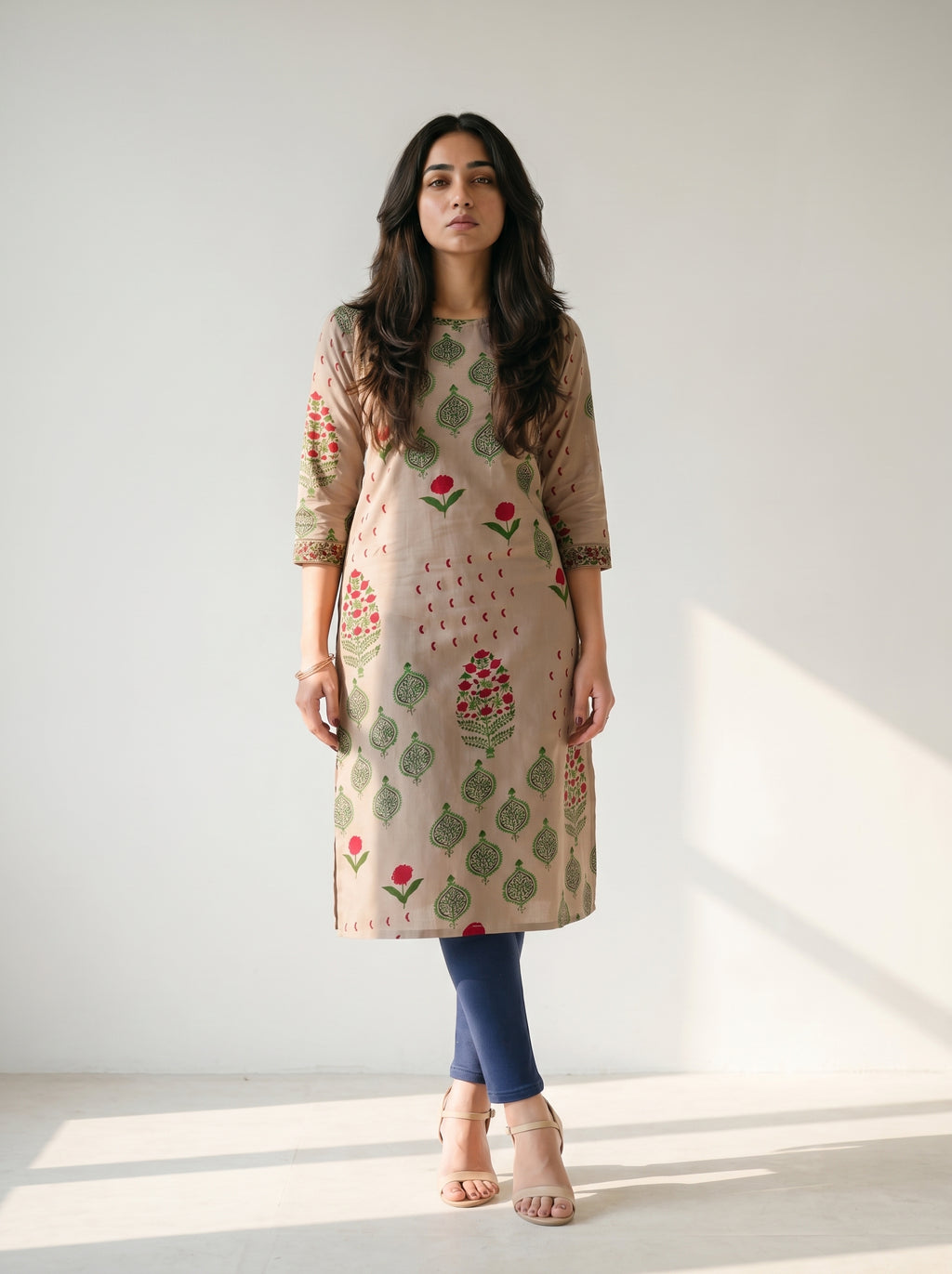 Light Beige Cotton Printed Kurti