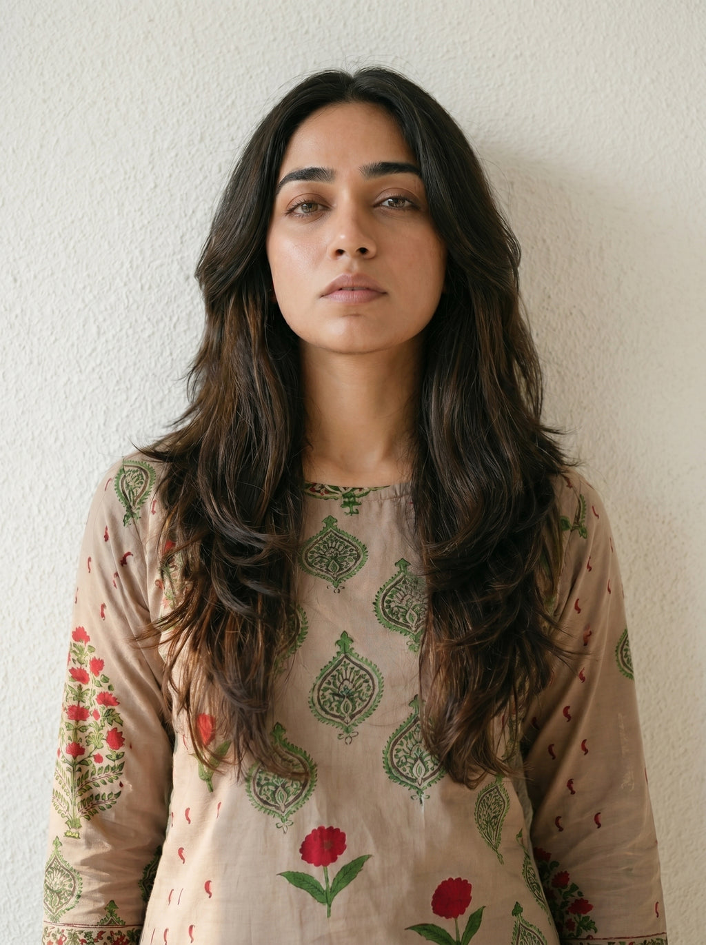 Light Beige Cotton Printed Kurti