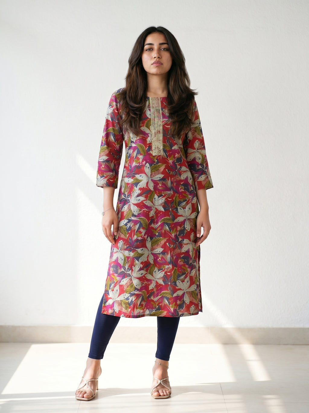 Red Floral Rayon Printed Kurti
