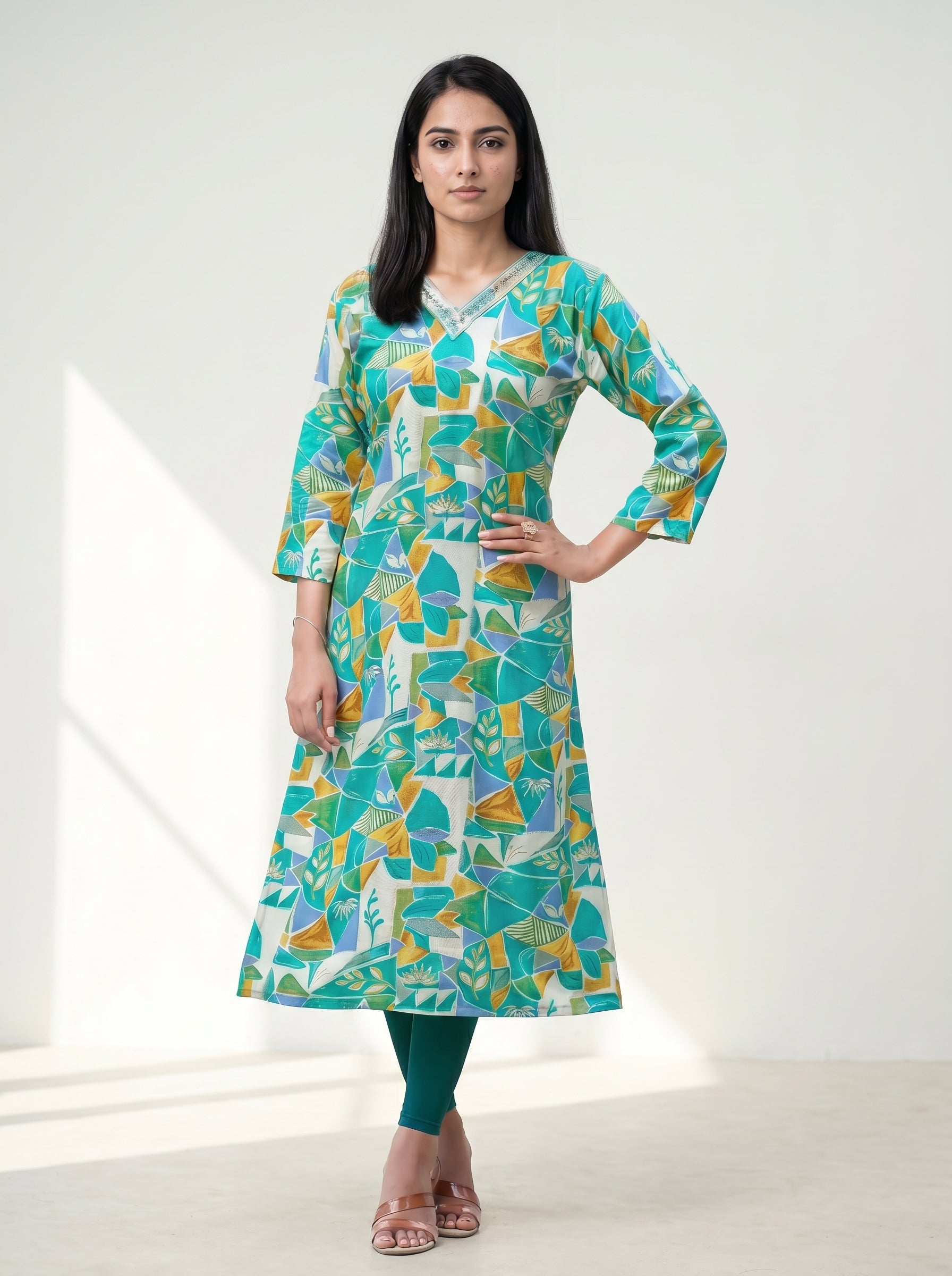 Sea Green Rayon Printed Kurti