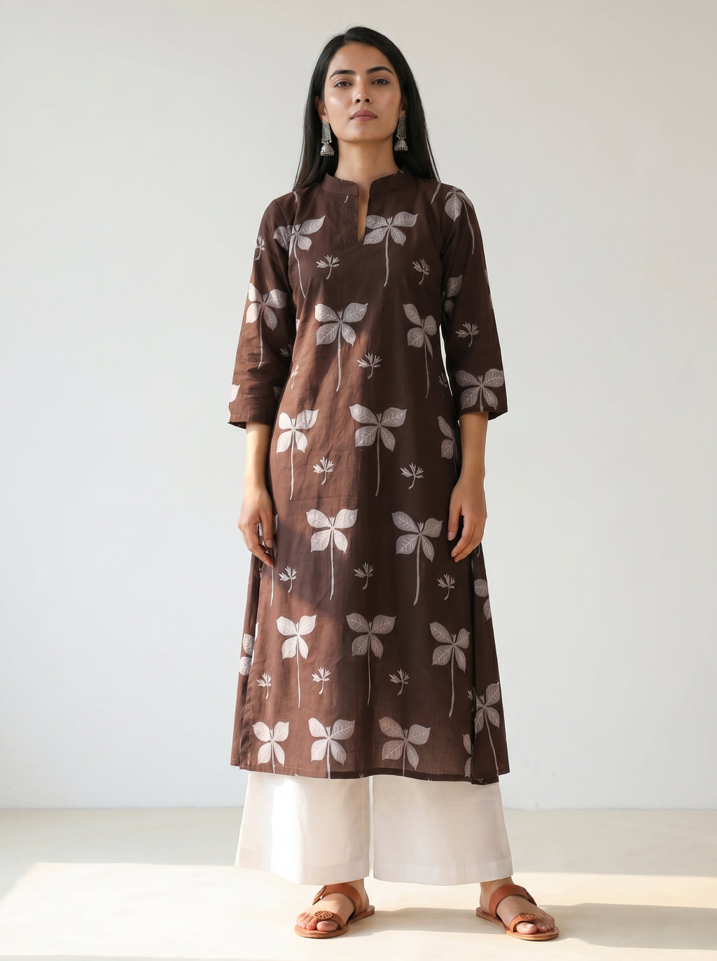 Coffee Cambric Cotton Straight Cut Printed Kurti