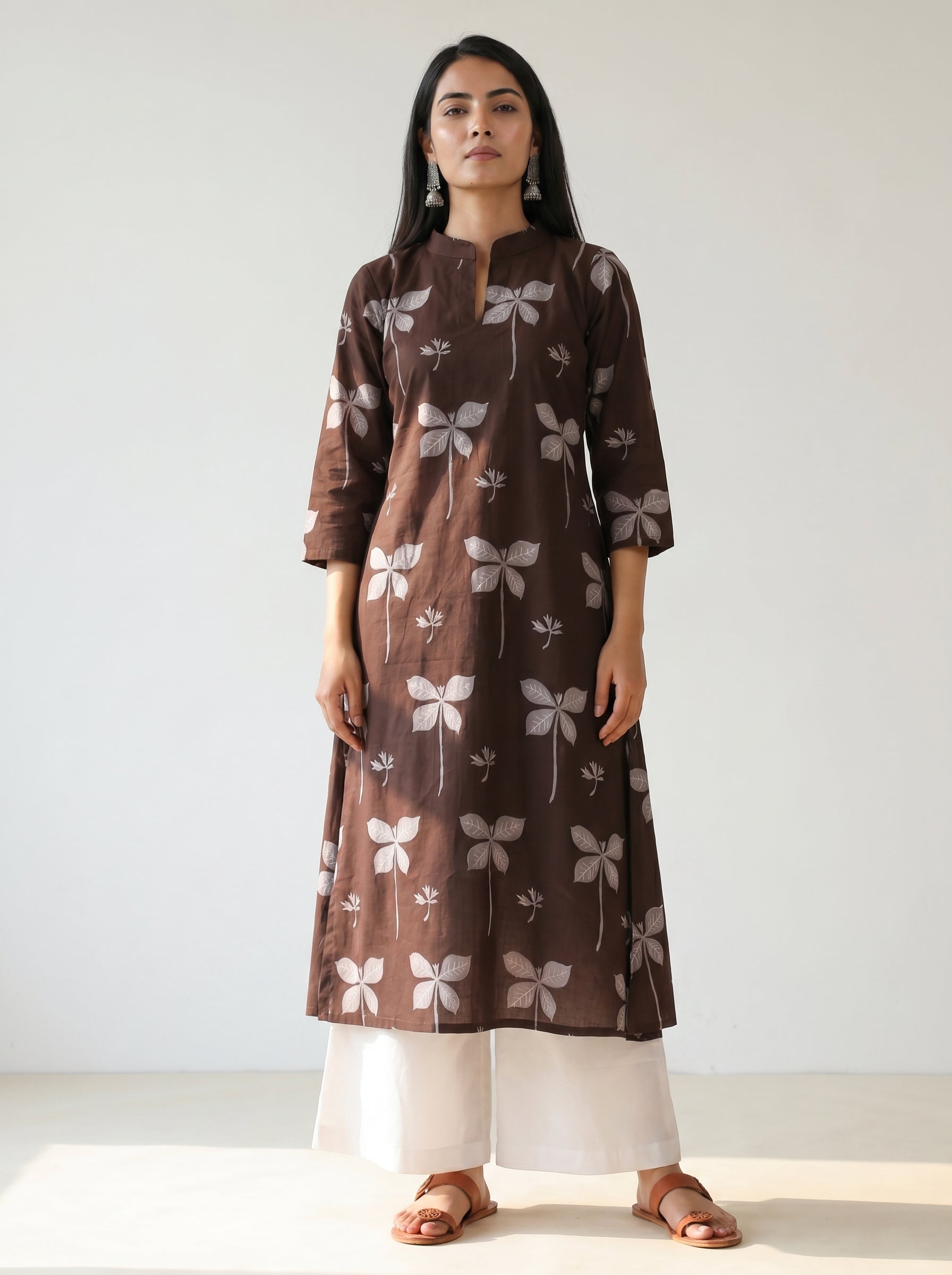 Coffee Cambric Cotton Straight Cut Printed Kurti