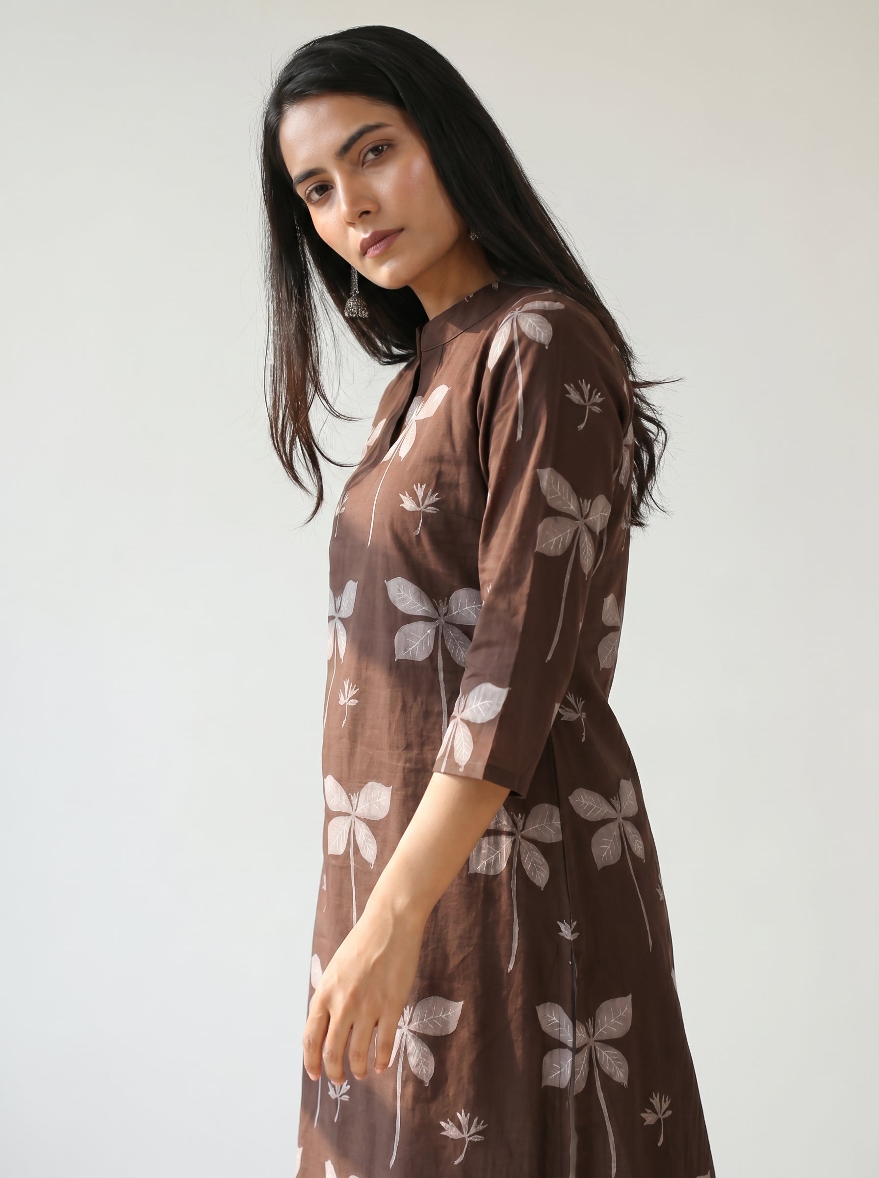 Coffee Cambric Cotton Straight Cut Printed Kurti