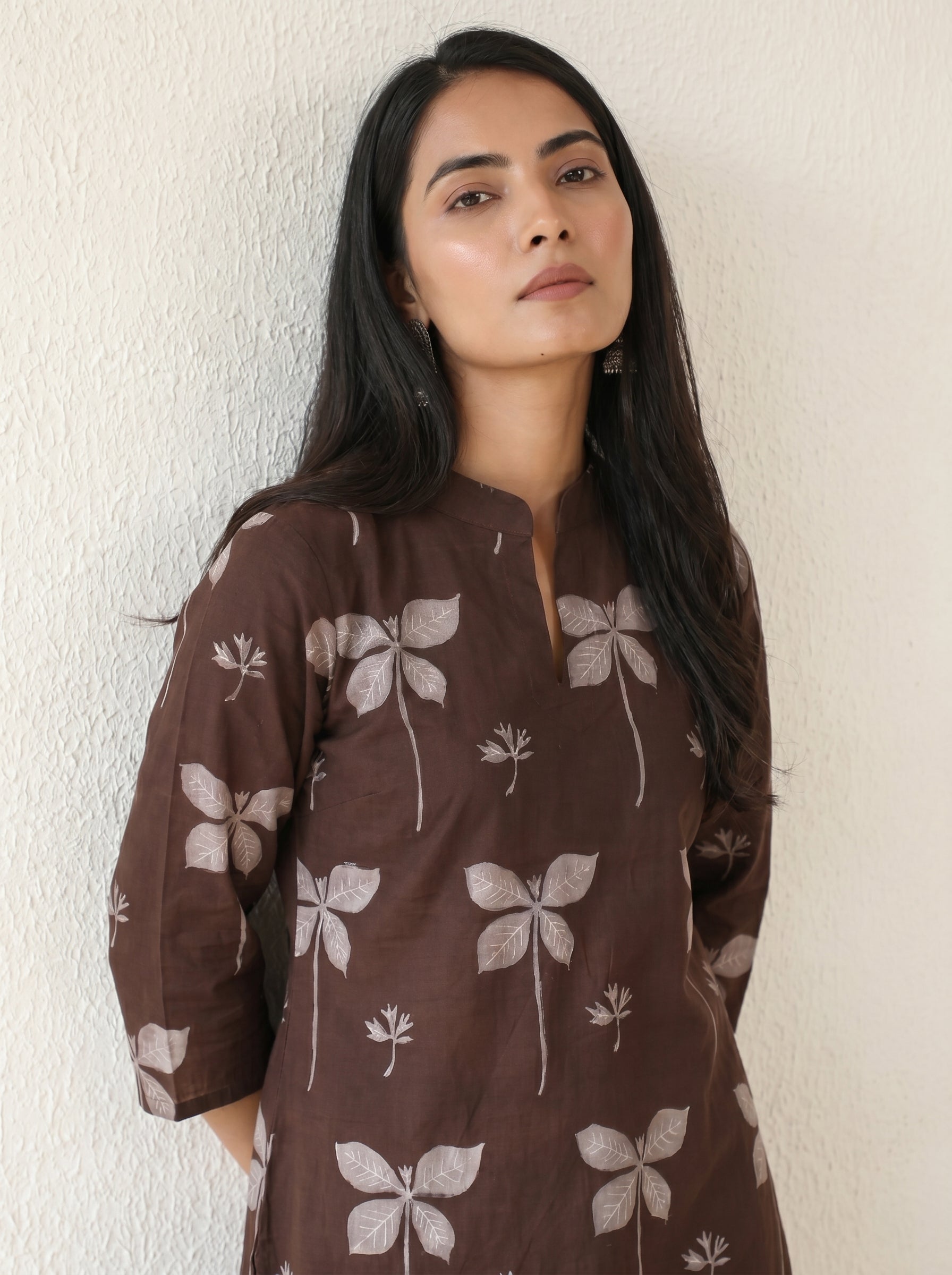 Coffee Cambric Cotton Straight Cut Printed Kurti