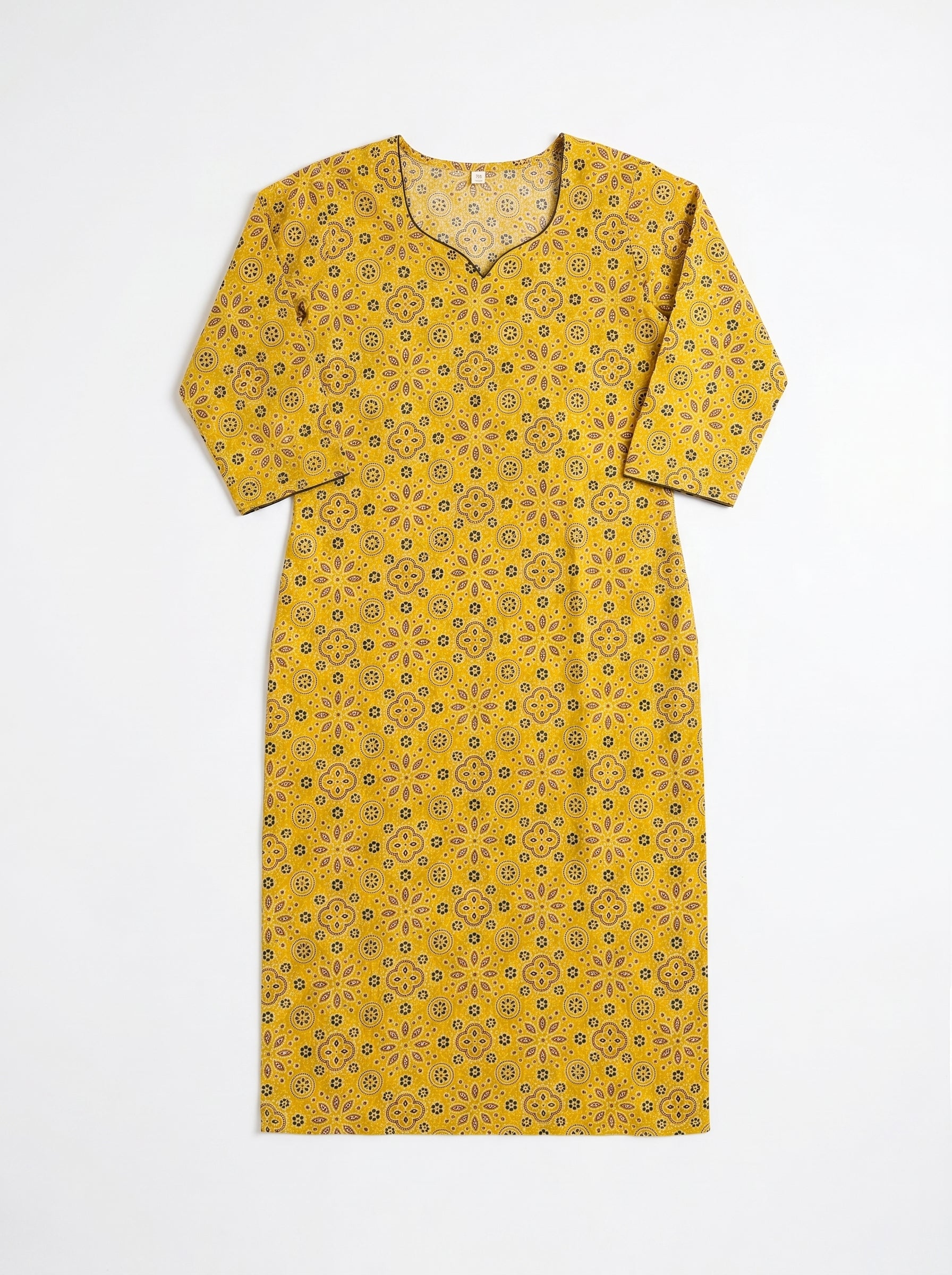 Mustard Yellow Cambric Cotton Straight Cut Printed Kurti