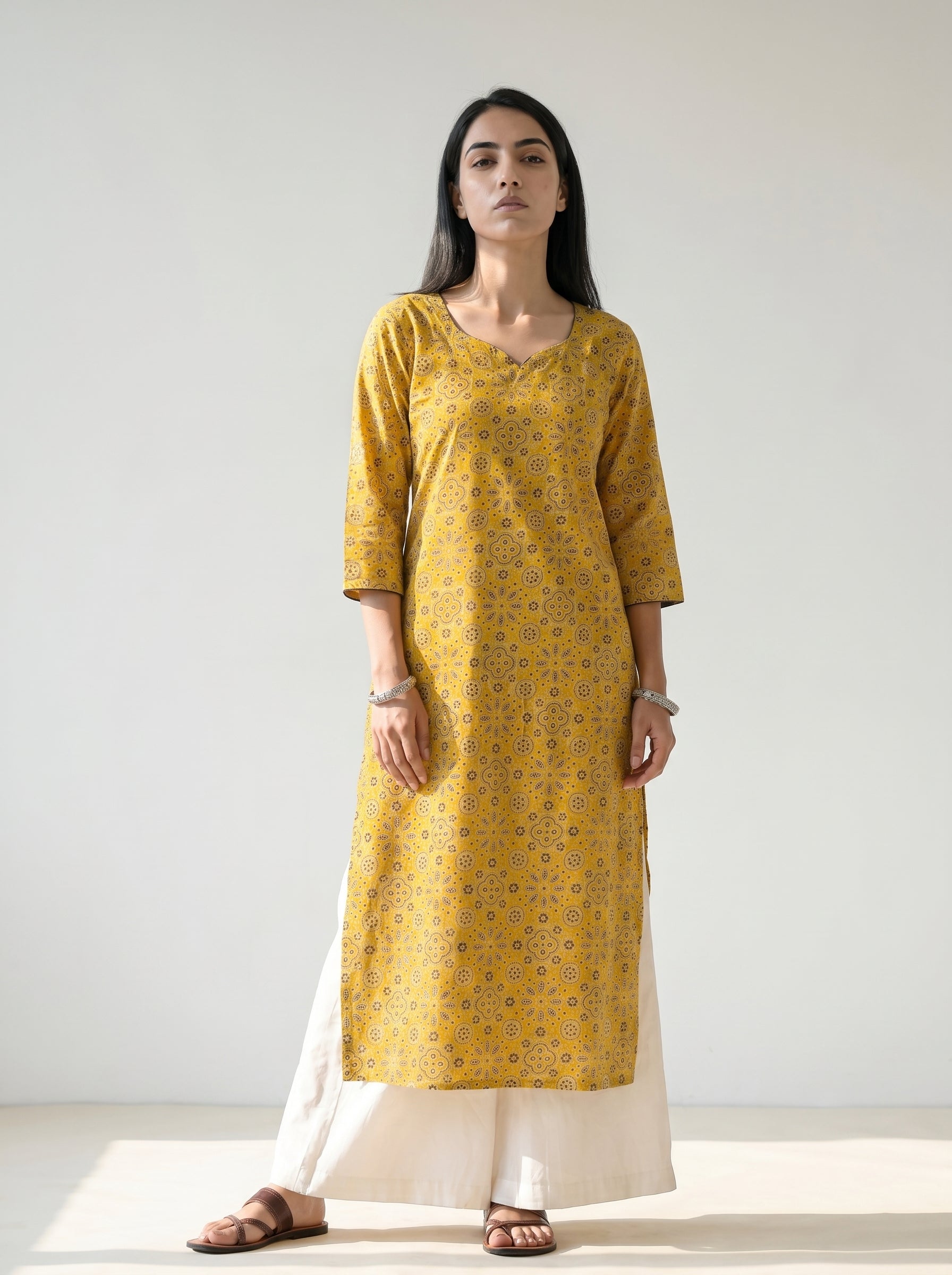 Mustard Yellow Cambric Cotton Straight Cut Printed Kurti