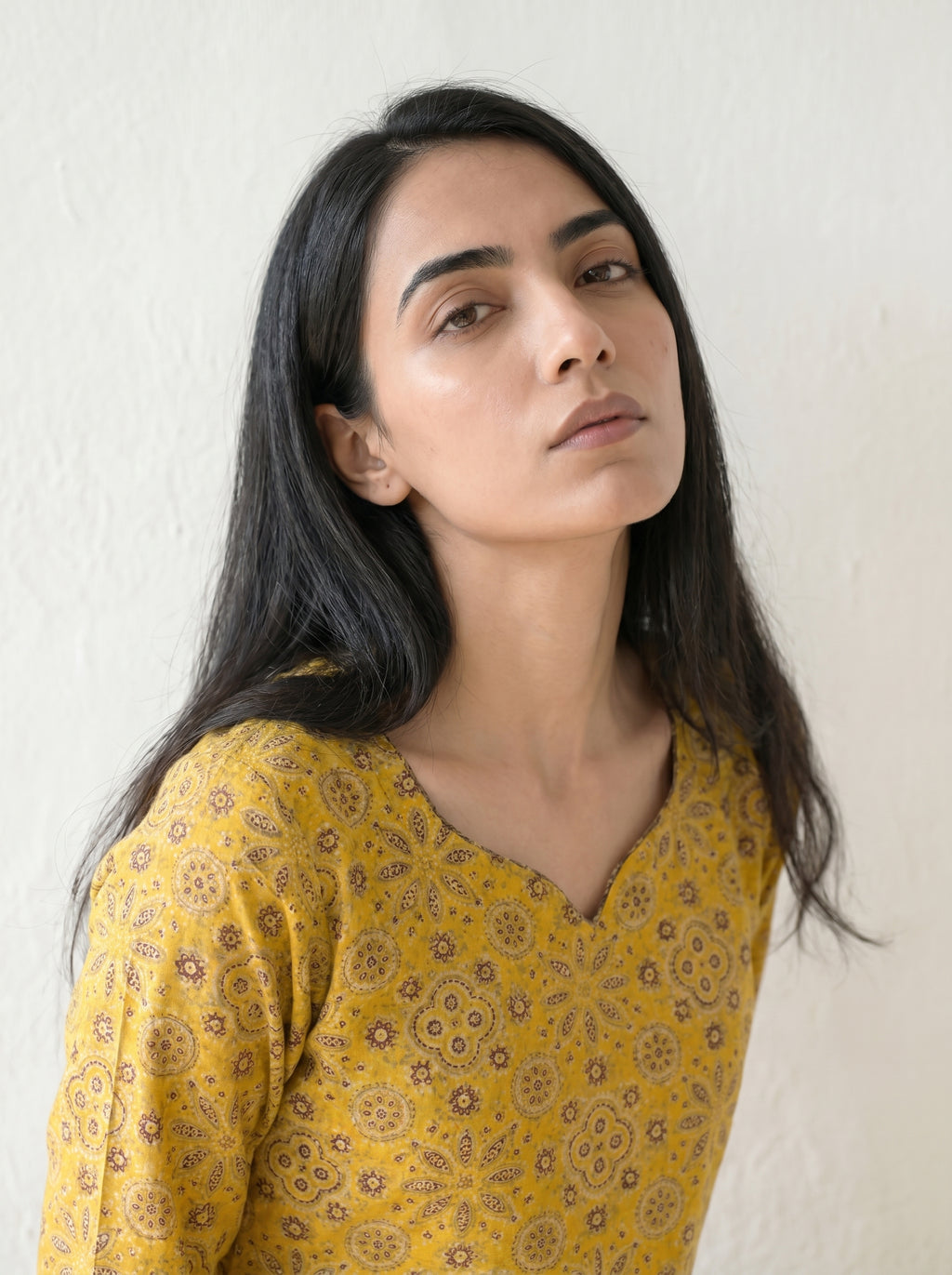 Mustard Yellow Cambric Cotton Straight Cut Printed Kurti