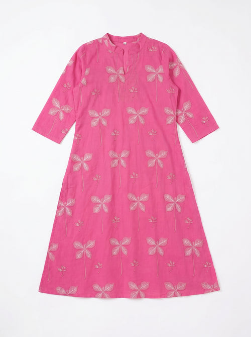 Bright Pink Cambric Cotton Straight Cut Kurti