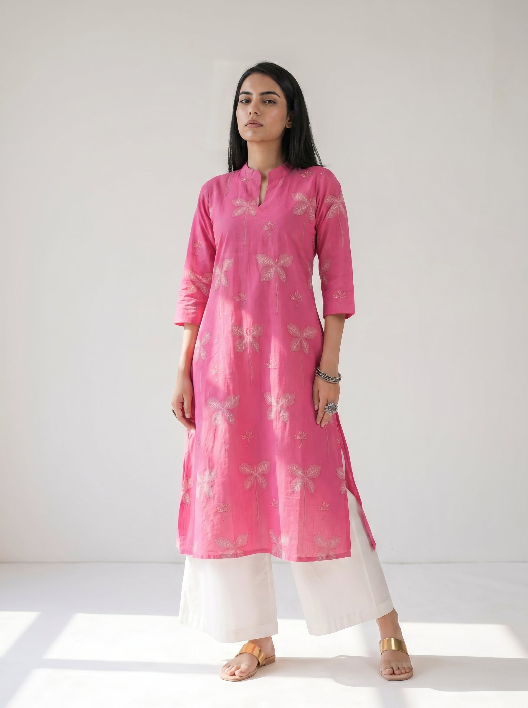 Bright Pink Cambric Cotton Straight Cut Kurti