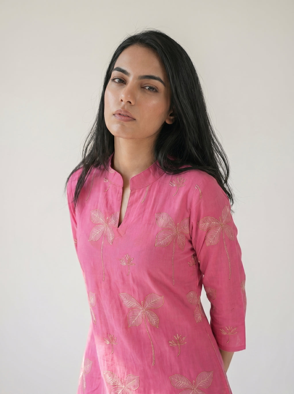 Bright Pink Cambric Cotton Straight Cut Kurti