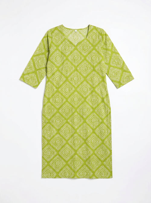 Bright Green Cambric Cotton Printed Kurti